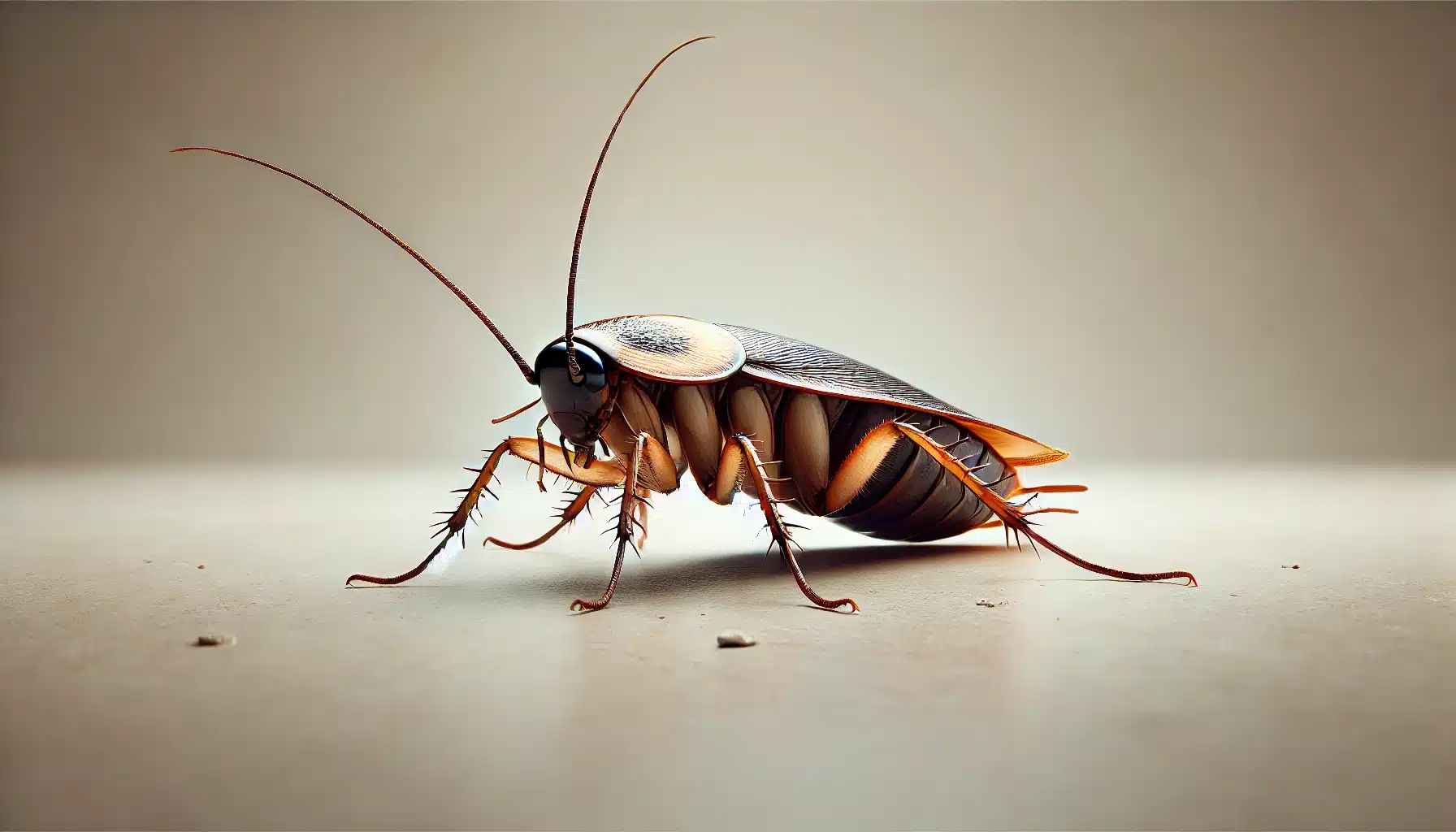 تصویری واقع‌گرایانه از یک سوسک روی سطحی تمیز با جزئیاتی دقیق از بدن، پاها و شاخک‌های آن.