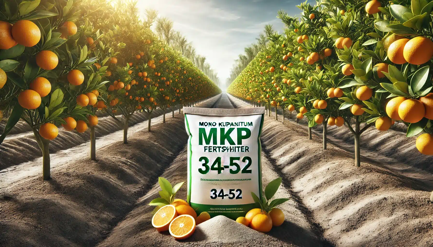 تصویری از باغ مرکبات با درختان پرتقال پرمحصول و سرسبز، همراه با کیسه کود مونوپتاسیم فسفات (MKP 34-52) در پیش‌زمینه.