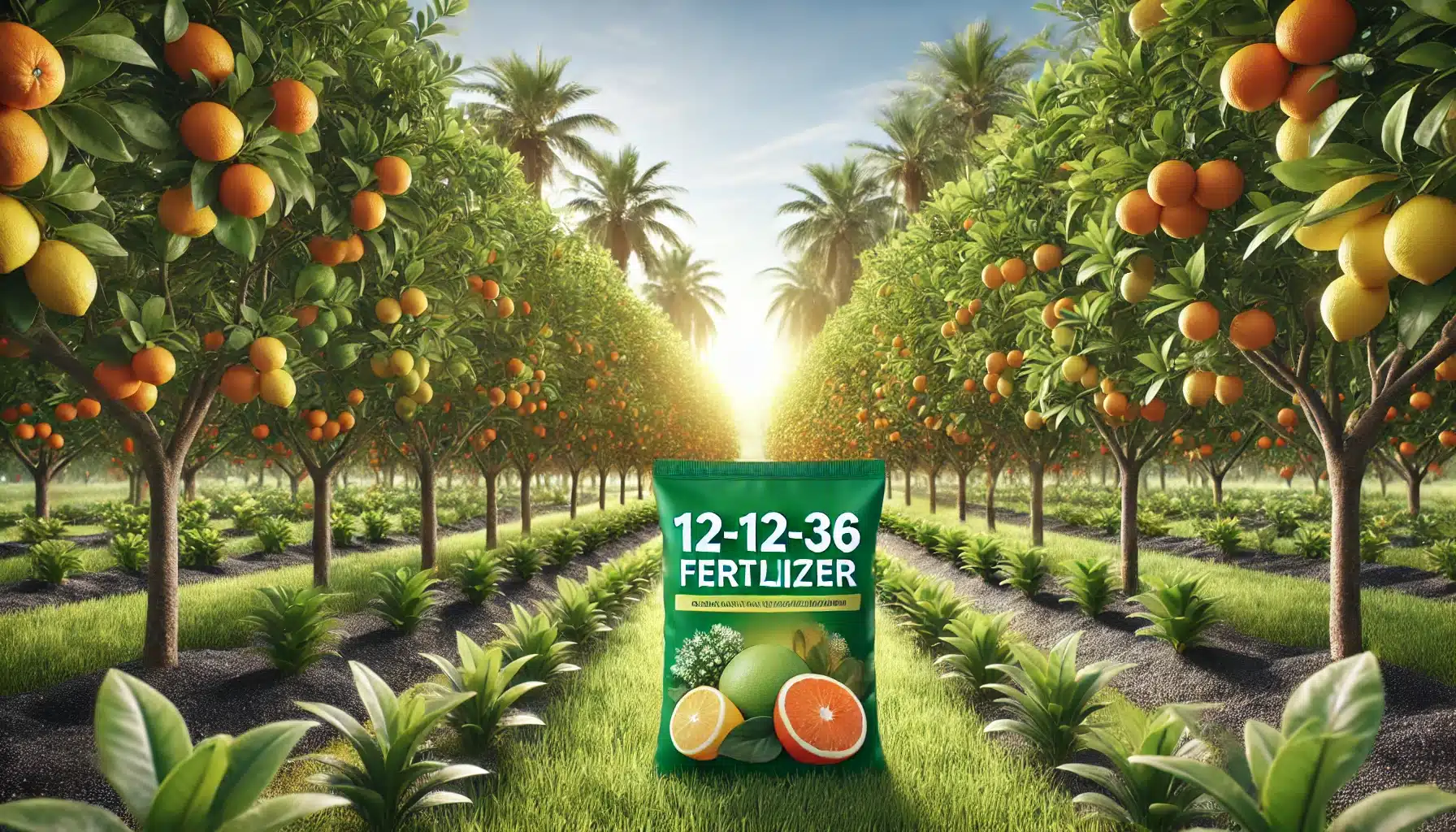 "یک باغ مرکبات پر از درختان سالم میوه‌دهنده شامل پرتقال و لیمو، با بسته‌ای از کود 12-12-36 در پیش‌زمینه."
