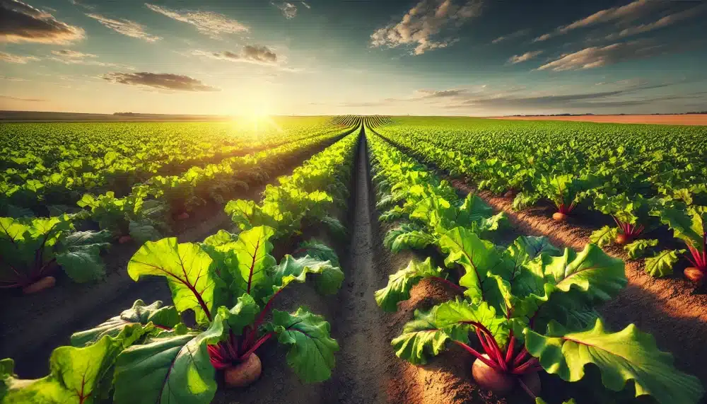 مزرعه‌ای وسیع از چغندر قند با ردیف‌های منظم در نور غروب آفتاب، برگ‌های سبز و درخشان در یک روز زیبا.
