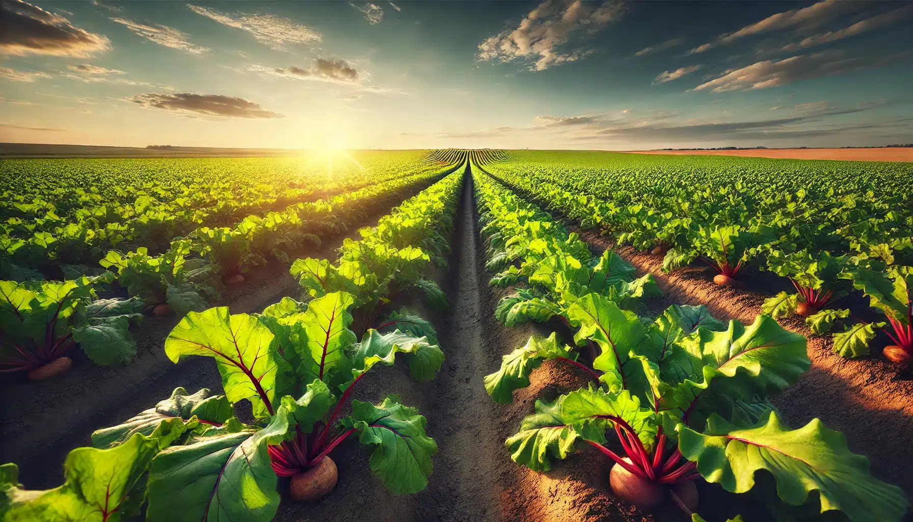 مزرعه‌ای وسیع از چغندر قند با ردیف‌های منظم در نور غروب آفتاب، برگ‌های سبز و درخشان در یک روز زیبا.