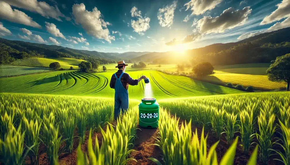 تصویری از یک کشاورز در حال استفاده از کود سه بیست پودری در یک مزرعه سرسبز گندم، با نمایی گسترده از محصولات زراعی و آسمانی آفتابی. نحوه مصرف کود سه بیست پودری