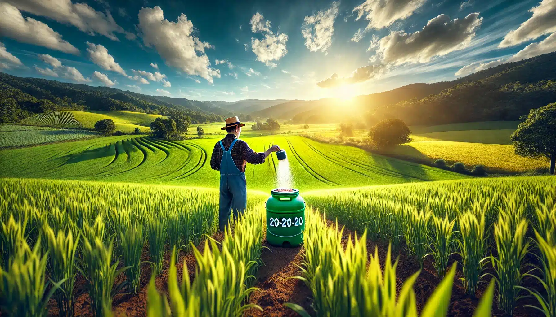 تصویری از یک کشاورز در حال استفاده از کود سه بیست پودری در یک مزرعه سرسبز گندم، با نمایی گسترده از محصولات زراعی و آسمانی آفتابی. نحوه مصرف کود سه بیست پودری