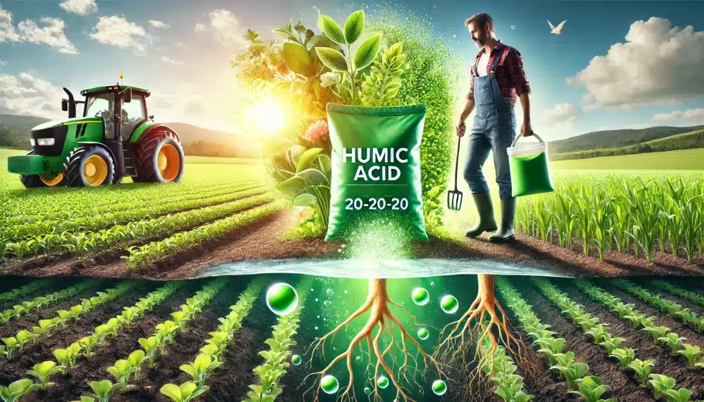 تصویر مزرعه‌ای سرسبز و کشاورزی که از ترکیب هیومیک اسید و کود سه بیست برای افزایش رشد گیاهان و بهره‌وری استفاده می‌کند.