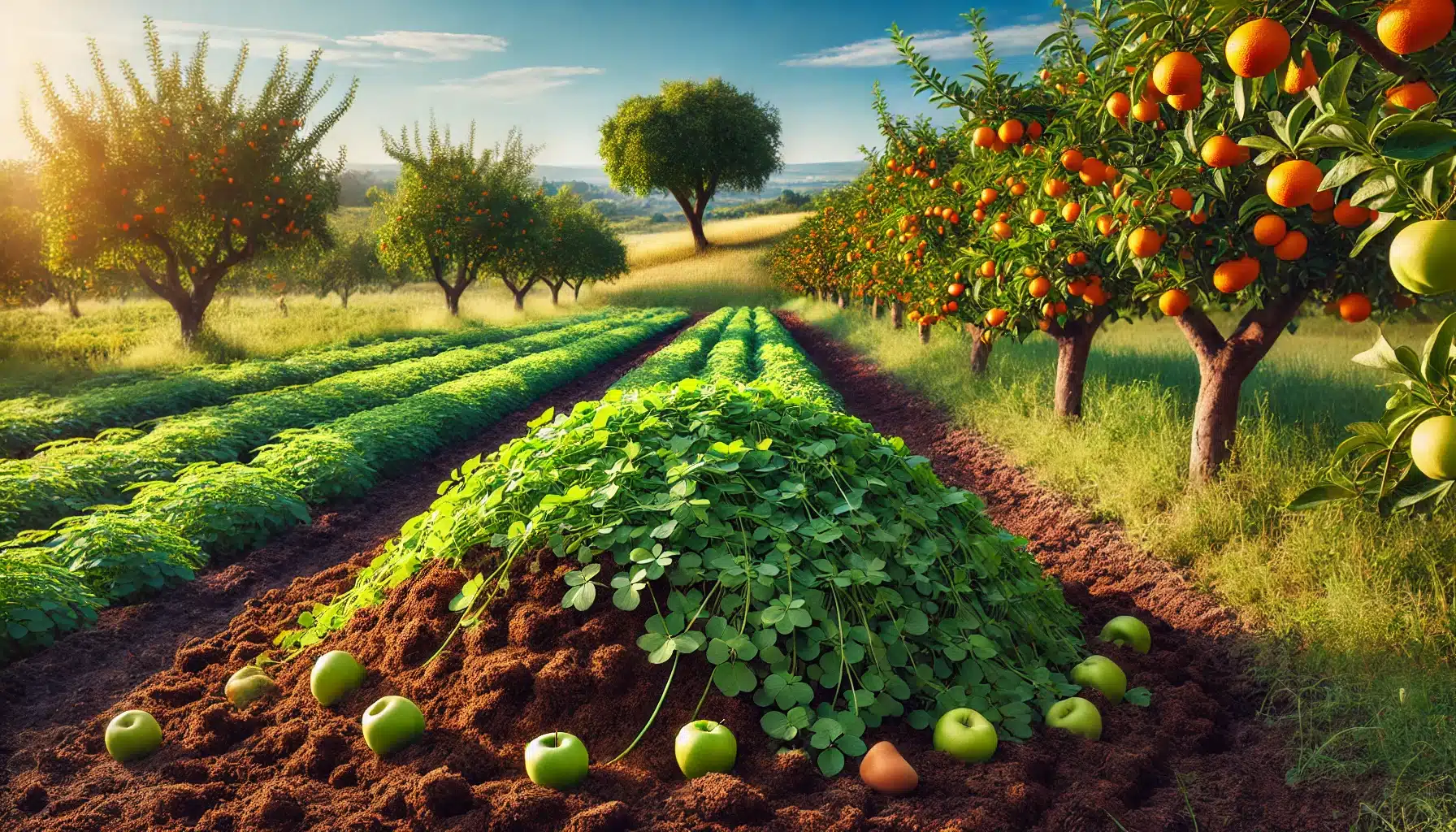 مزرعه‌ای سرسبز از یونجه در کنار درختان میوه، با یک انباشت کود مرغی که برای تقویت رشد و بهبود کیفیت محصولات استفاده شده است.