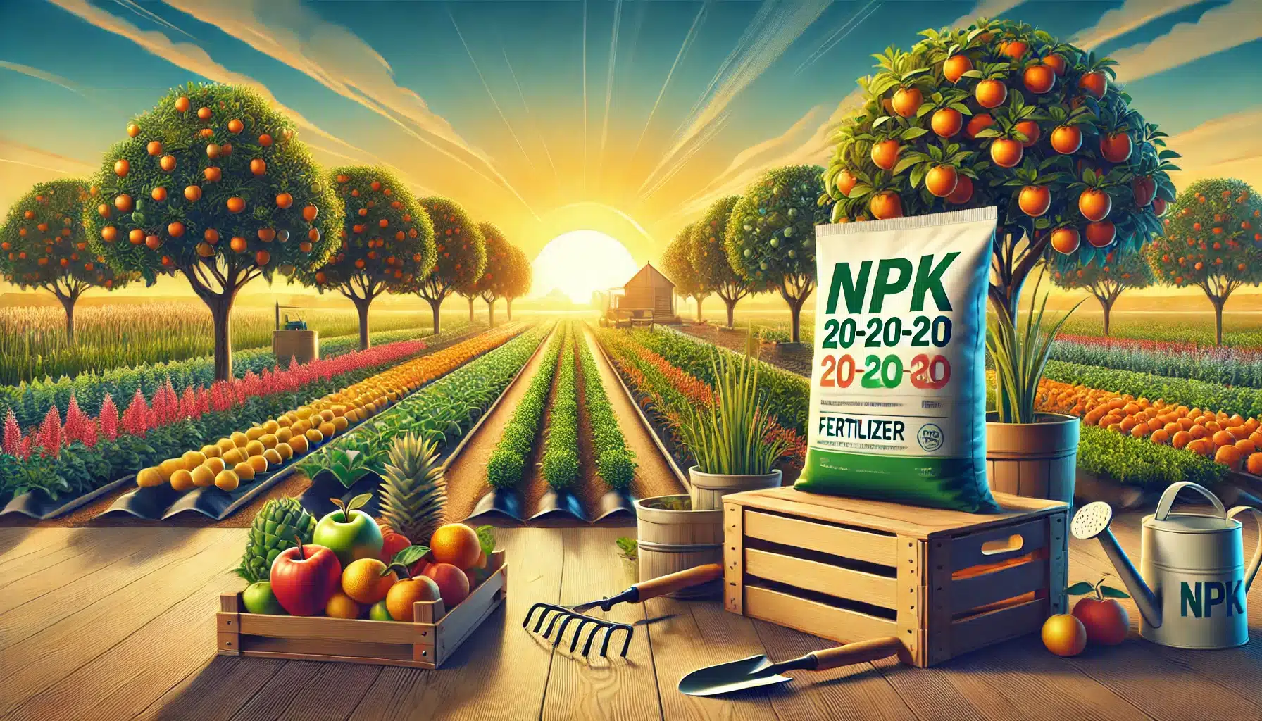 "نمایی از مزرعه‌ای سرسبز با درختان میوه و محصولات زراعی، همراه با کیسه کود سه بیست (NPK 20-20-20) که بر روی زمین قرار دارد. تأکید بر تأثیر کود سه بیست بر رشد و تقویت گیاهان."