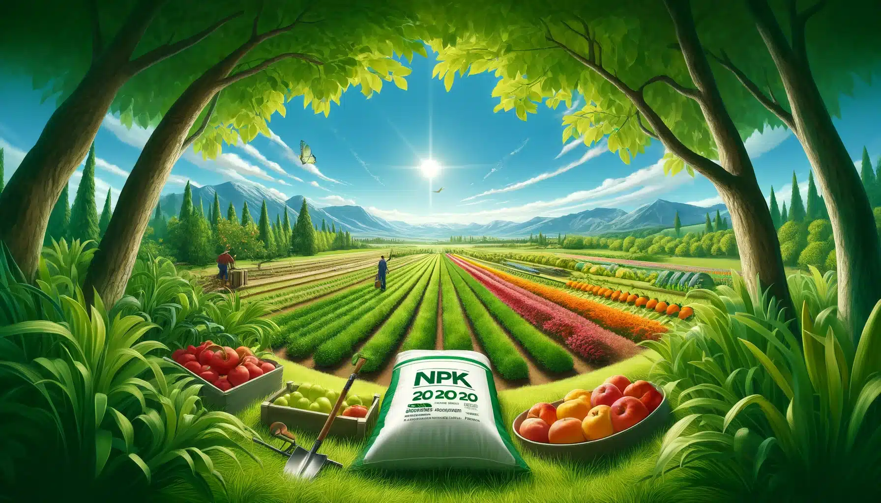 "نمایی از مزرعه‌ای سرسبز با درختان میوه و محصولات زراعی، همراه با کیسه کود سه بیست (NPK 20-20-20) که بر روی زمین قرار دارد. تأکید بر تأثیر کود سه بیست بر رشد و تقویت گیاهان."