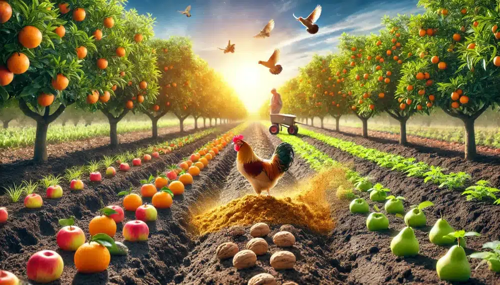 مزرعه‌ای حاصلخیز با درختان پرتقال، گردو و محصولات مختلف، همراه با کشاورزی که در حال پخش کود مرغی بر روی خاک برای تقویت رشد گیاهان است.