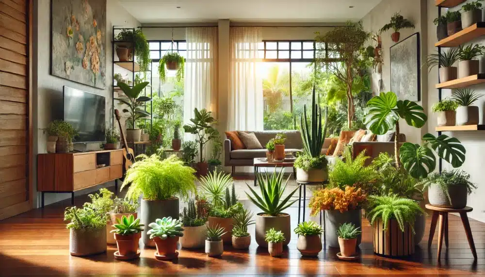 "یک باغچه داخلی با گیاهان آپارتمانی متنوع مانند ساکولنت‌ها، سرخس‌ها و گیاهان گل‌دار در یک اتاق نشیمن روشن، که فضایی آرامش‌بخش و سرسبز ایجاد می‌کنند."