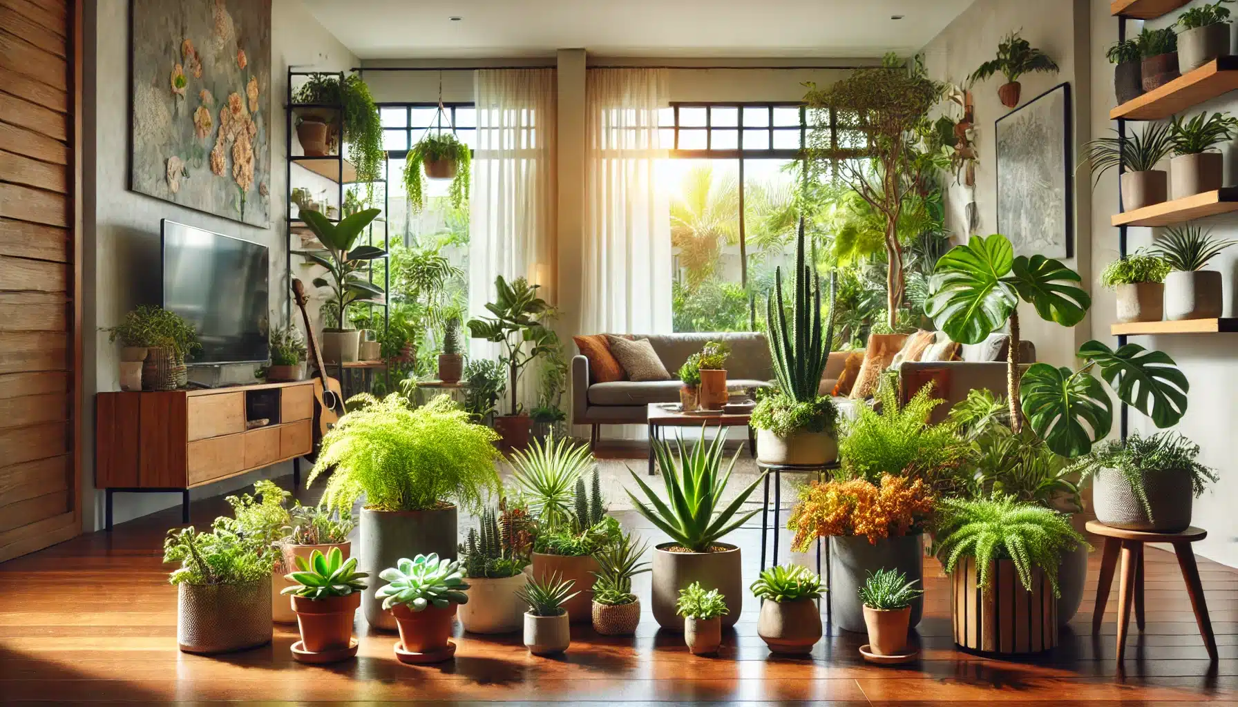 "یک باغچه داخلی با گیاهان آپارتمانی متنوع مانند ساکولنت‌ها، سرخس‌ها و گیاهان گل‌دار در یک اتاق نشیمن روشن، که فضایی آرامش‌بخش و سرسبز ایجاد می‌کنند."
