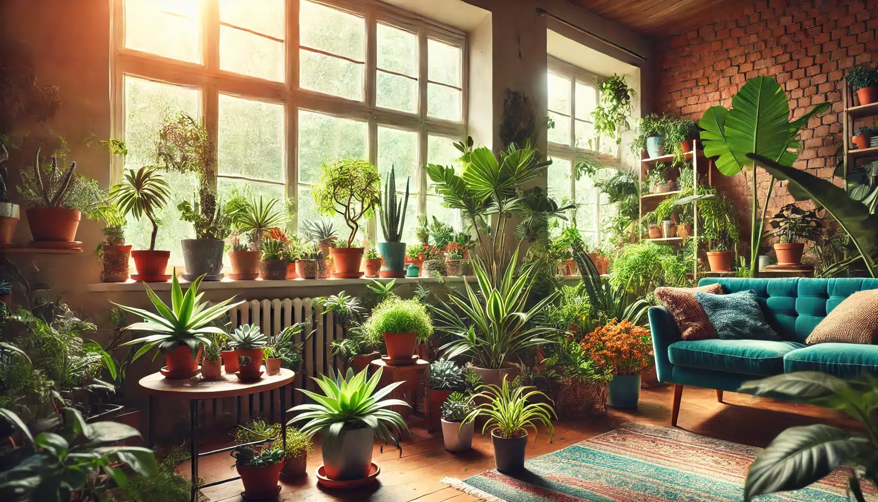 DALL·E 2025 01 13 10.14.25 A cozy and vibrant indoor living space filled with a variety of potted plants including succulents ferns and tropical plants placed near large win
