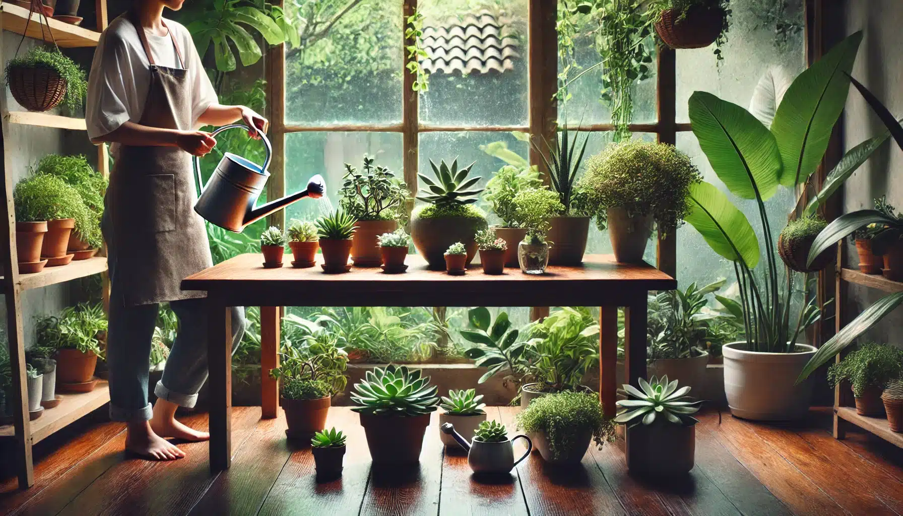 DALL·E 2025 01 13 10.14.53 A serene indoor scene showing a person watering a variety of potted plants including succulents and leafy plants. The plants are placed on a wooden t