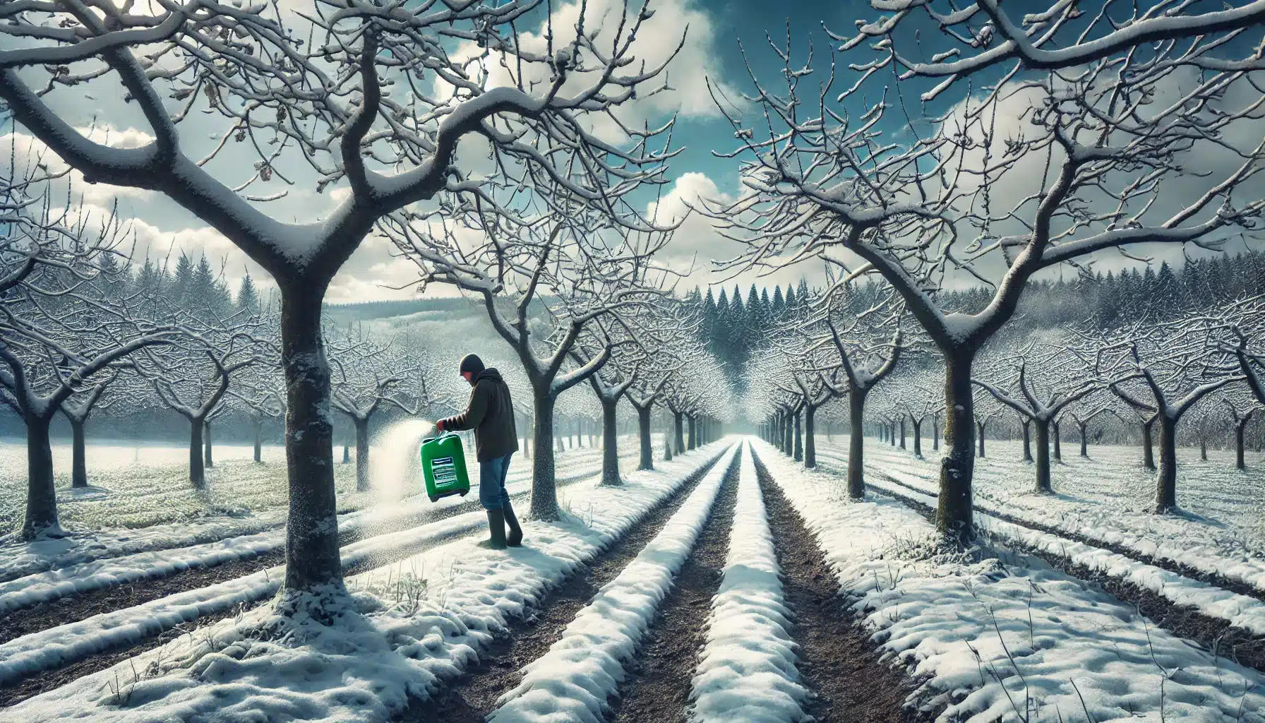 تصویری از یک باغ میوه زمستانی با لایه‌ای از برف و درختانی که برای فصل رشد آماده شده‌اند. بهترین کود برای درختان میوه در زمستان