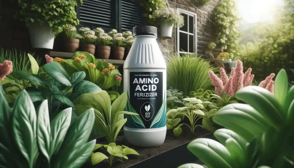 تصویری از بطری کود آمینو اسید در کنار گیاهان سرسبز در یک باغ با طراحی مدرن و جذاب، نشان‌دهنده کیفیت و اثرگذاری این کود ارگانیک.