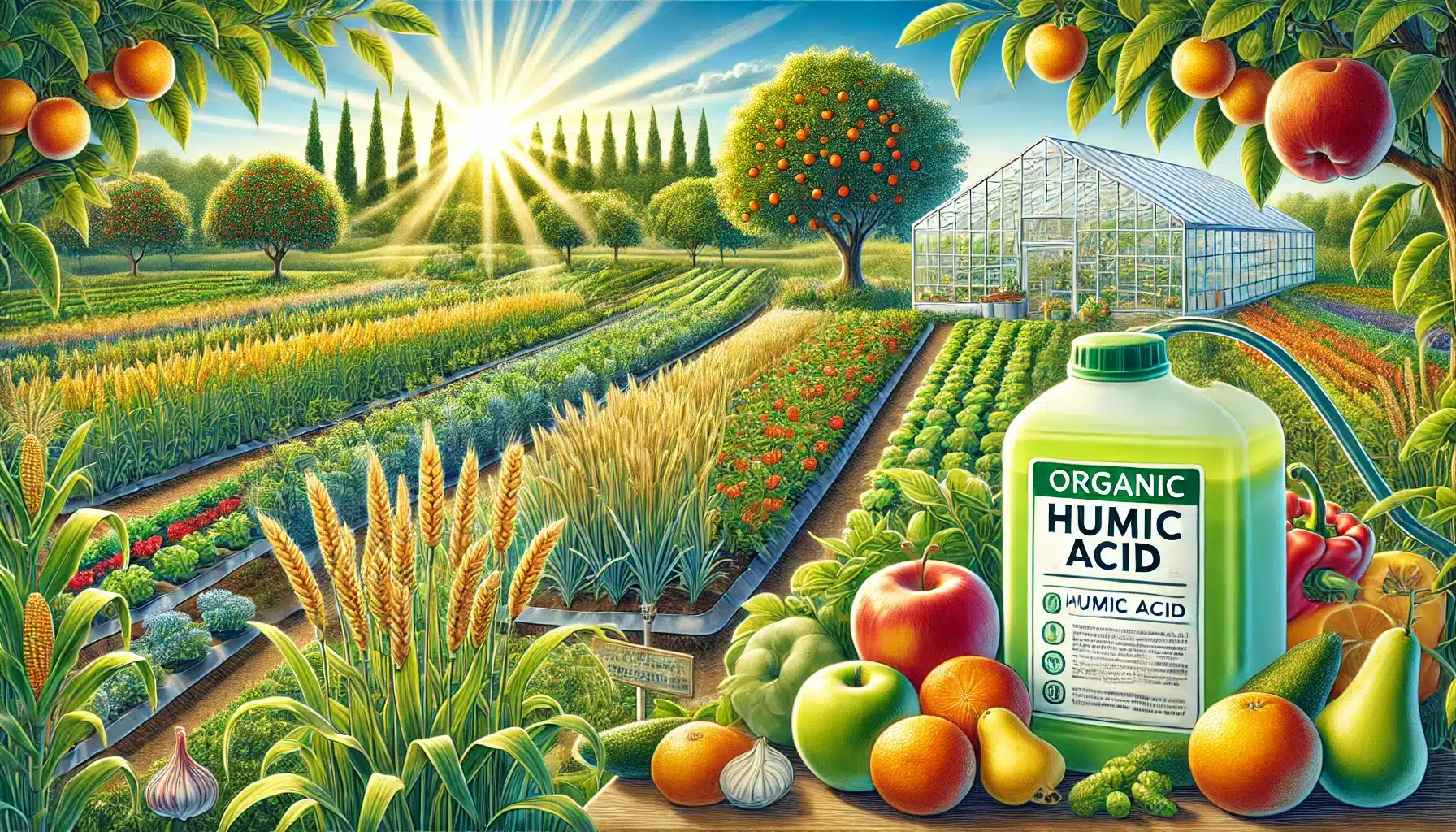 تصویری زیبا از کاربرد کود هیومیک اسید در کشاورزی و باغبانی. این کود ارگانیک باعث افزایش رشد گیاهان، بهبود کیفیت خاک و تقویت محصولات می‌شود. مناسب برای استفاده در زراعت، باغات و گلخانه‌ها.