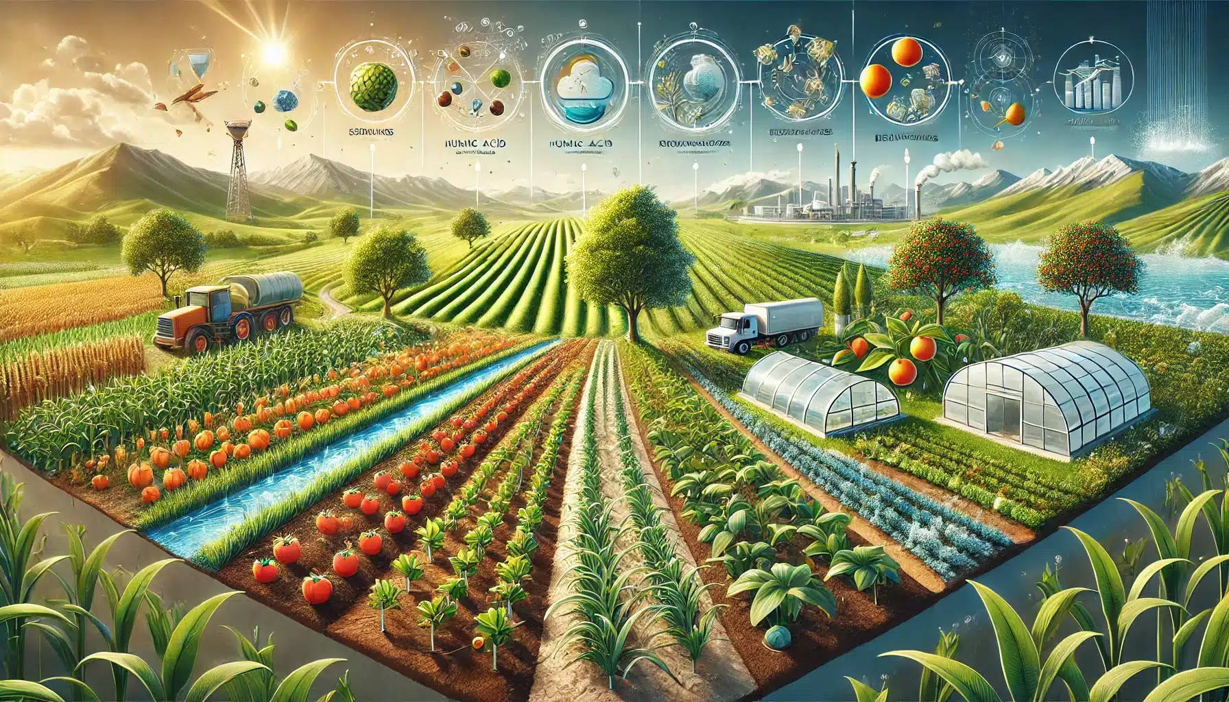 کاربردهای مختلف اسید هیومیک در کشاورزی را نشان می‌دهد