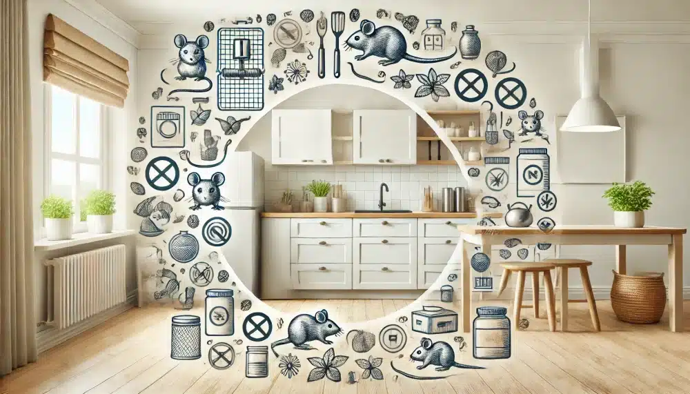 خانه‌ای تمیز و ایمن با ابزارهای مقابله با موش شامل تله موش، مواد طبیعی و ظروف بسته برای جلوگیری از ورود جوندگان.