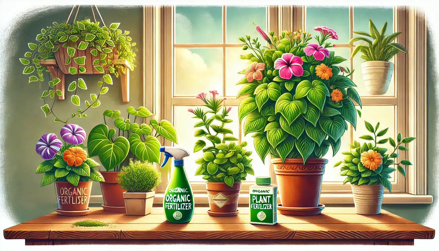 "گیاهان آپارتمانی گلدار روی قفسه چوبی با اسپری کود ارگانیک و بسته کود، مناسب برای نگهداری و تغذیه گیاهان خانگی."