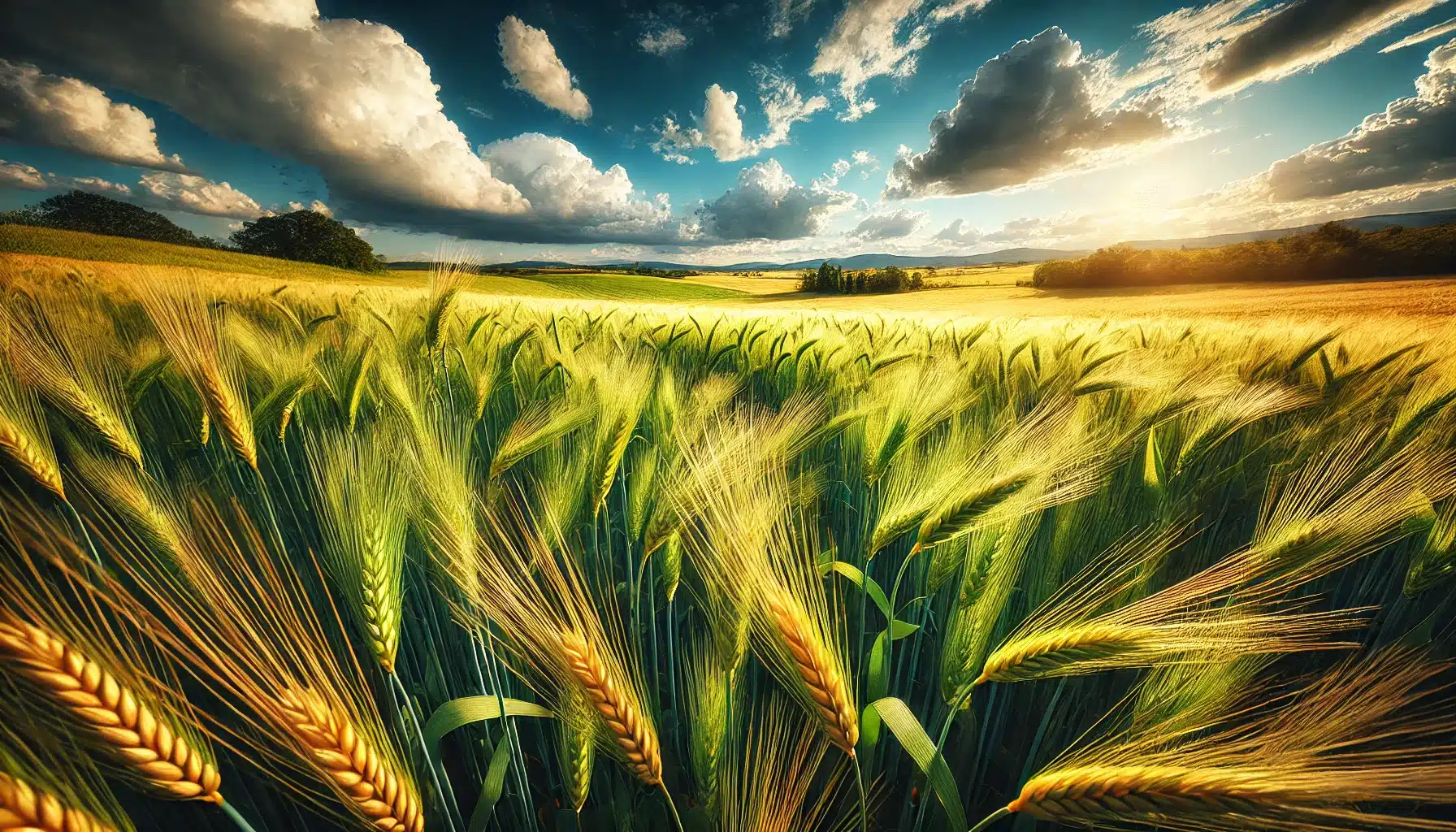 "تصویری از یک مزرعه گندم سرسبز با خوشه‌های طلایی زیر آسمانی آبی و ابرهای سفید، نمایانگر حاصلخیزی و موفقیت در کشاورزی است."