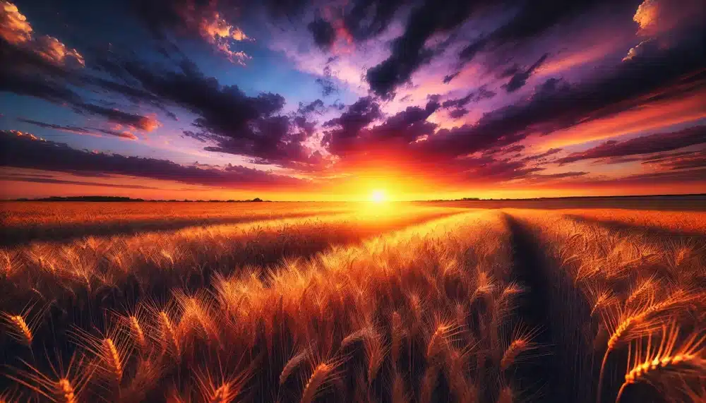 یک مزرعه گندم طلایی را در هنگام غروب آفتاب