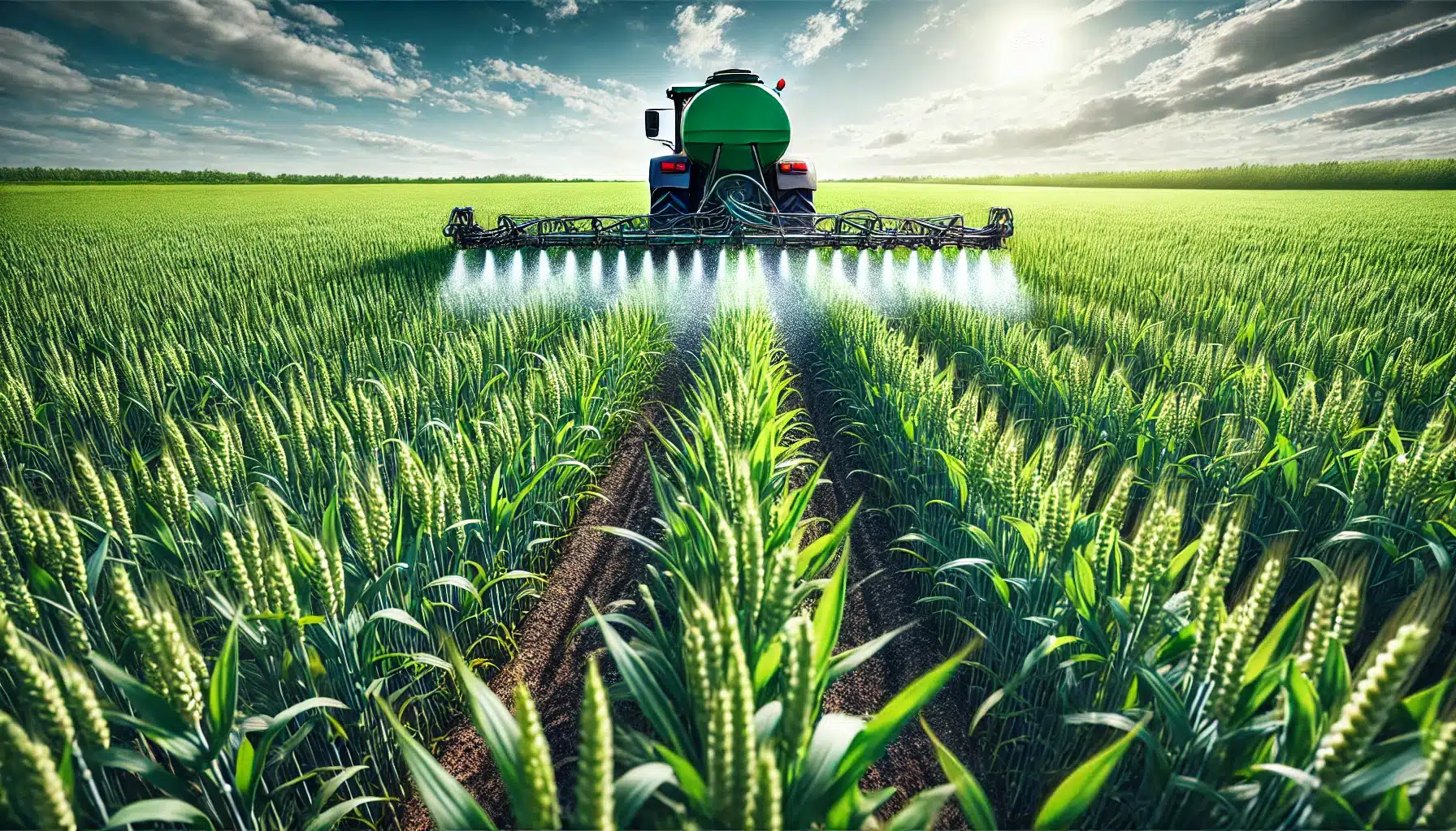 این تصویر یک کشاورز را نشان می‌دهد که با استفاده از یک تراکتور مدرن و دستگاه پخش کود، مواد مغذی را به‌صورت یکنواخت در یک مزرعه سرسبز گندم پخش می‌کند