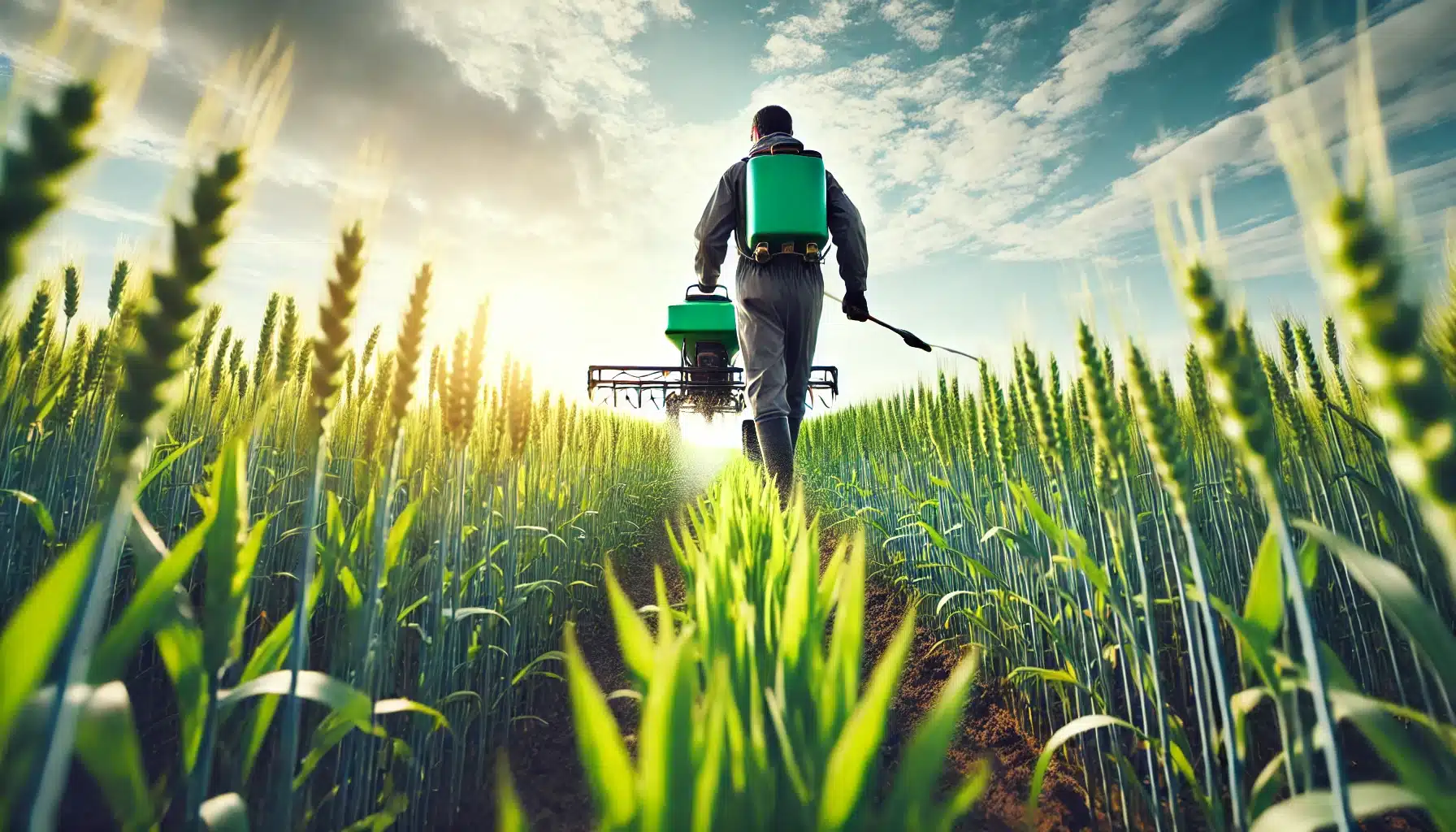 تصویری از یک کشاورز که به‌صورت دستی در حال پخش کود در یک مزرعه گندم جوان است.