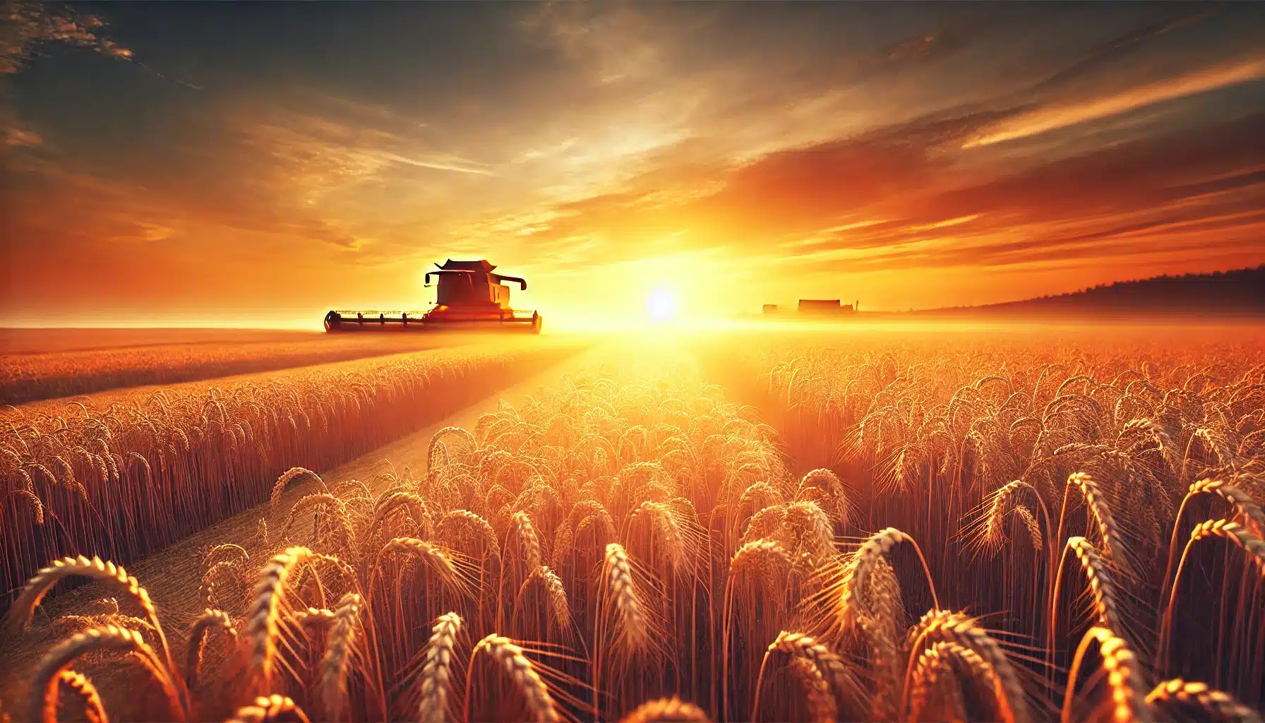 این تصویر یک مزرعه گندم طلایی آماده برداشت را در غروب آفتاب نشان می‌دهد. 