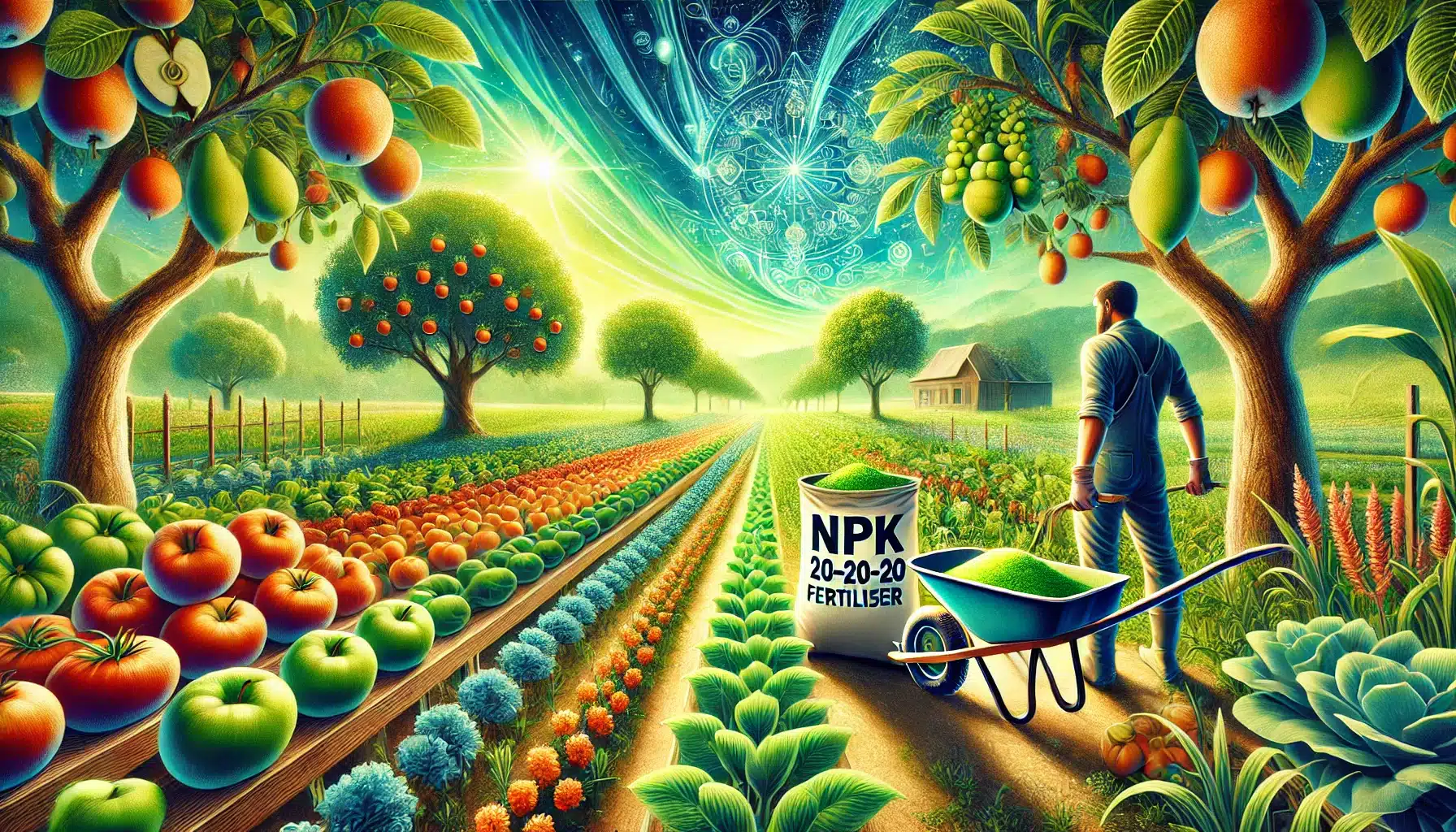 "تصویری از یک مزرعه سرسبز با درختان میوه و محصولات کشاورزی. کشاورزی در حال استفاده از کود سه بیست (NPK 20-20-20) برای تقویت رشد گیاهان."