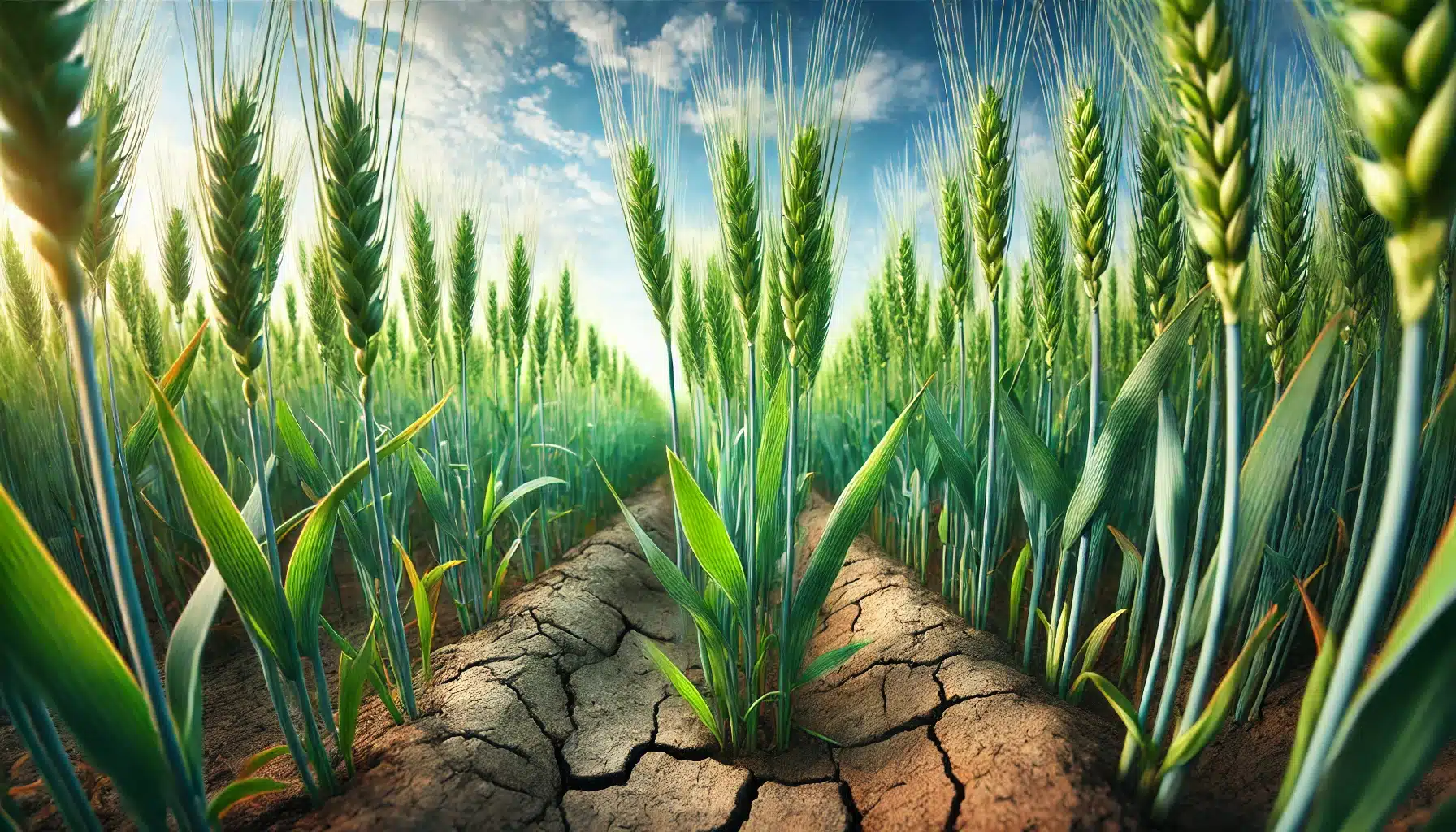 نکات مهم در افزایش پنجهزنی گندم 2 تصویر مرحله پنجهزنی گندم در یک مزرعه سرسبز. گیاهان گندم سالم و سبز با پنجههای قابل مشاهده از ساقه اصلی در زیر آسمانی آبی و ابری.