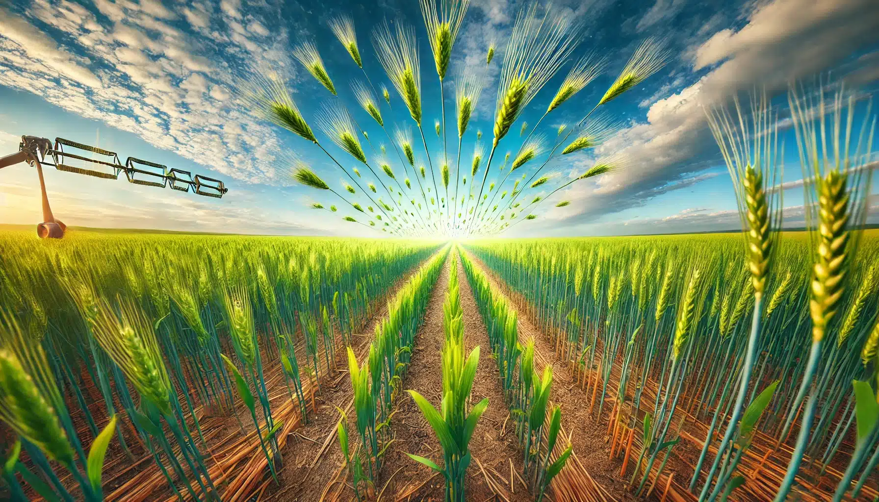 نکات مهم در افزایش پنجهزنی گندم 21 نمایی از مرحله پنجهزنی گندم با گیاهان سبز و سالم که پنجههای جدید از ساقه اصلی رشد کردهاند، در زیر آسمانی آبی و آرام.