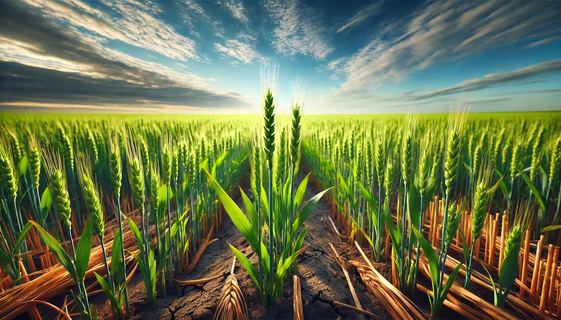 نکات مهم در افزایش پنجهزنی گندم 20 نمایی از مرحله پنجهزنی گندم با گیاهان سبز و سالم که پنجههای جدید از ساقه اصلی رشد کردهاند، در زیر آسمانی آبی و آرام.