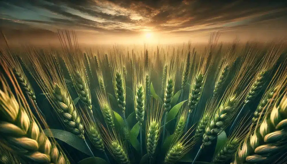 نمایی از مرحله پنجه‌زنی گندم با گیاهان سبز و سالم که پنجه‌های جدید از ساقه اصلی رشد کرده‌اند، در زیر آسمانی آبی و آرام.