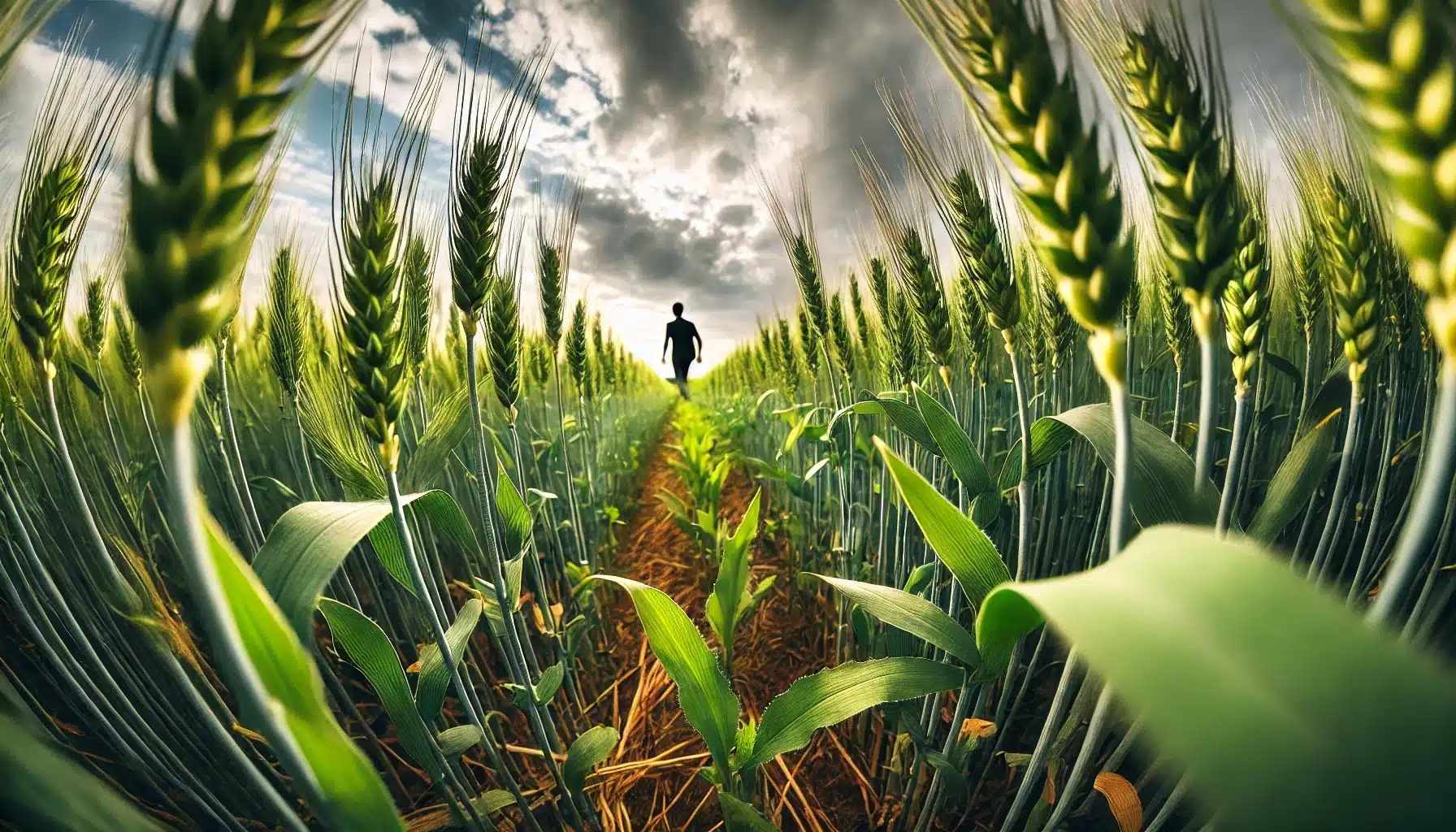 نکات مهم در افزایش پنجهزنی گندم 1 نمایی از مرحله پنجهزنی گندم با گیاهان سبز و سالم که پنجههای جدید از ساقه اصلی رشد کردهاند، در زیر آسمانی آبی و آرام.