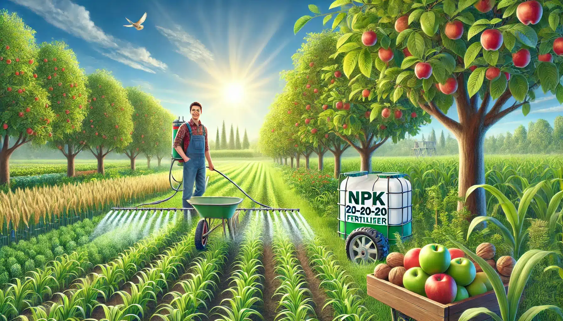 میزان مصرف کود سه بیست برای درختان 10 "نمایی از مزرعهای سرسبز با درختان میوه و محصولات زراعی، همراه با کیسه کود سه بیست (NPK 20-20-20) که بر روی زمین قرار دارد. تأکید بر تأثیر کود سه بیست بر رشد و تقویت گیاهان."