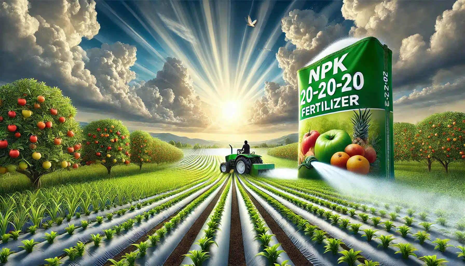 میزان مصرف کود سه بیست برای درختان 8 "نمایی از مزرعهای سرسبز با درختان میوه و محصولات زراعی، همراه با کیسه کود سه بیست (NPK 20-20-20) که بر روی زمین قرار دارد. تأکید بر تأثیر کود سه بیست بر رشد و تقویت گیاهان."