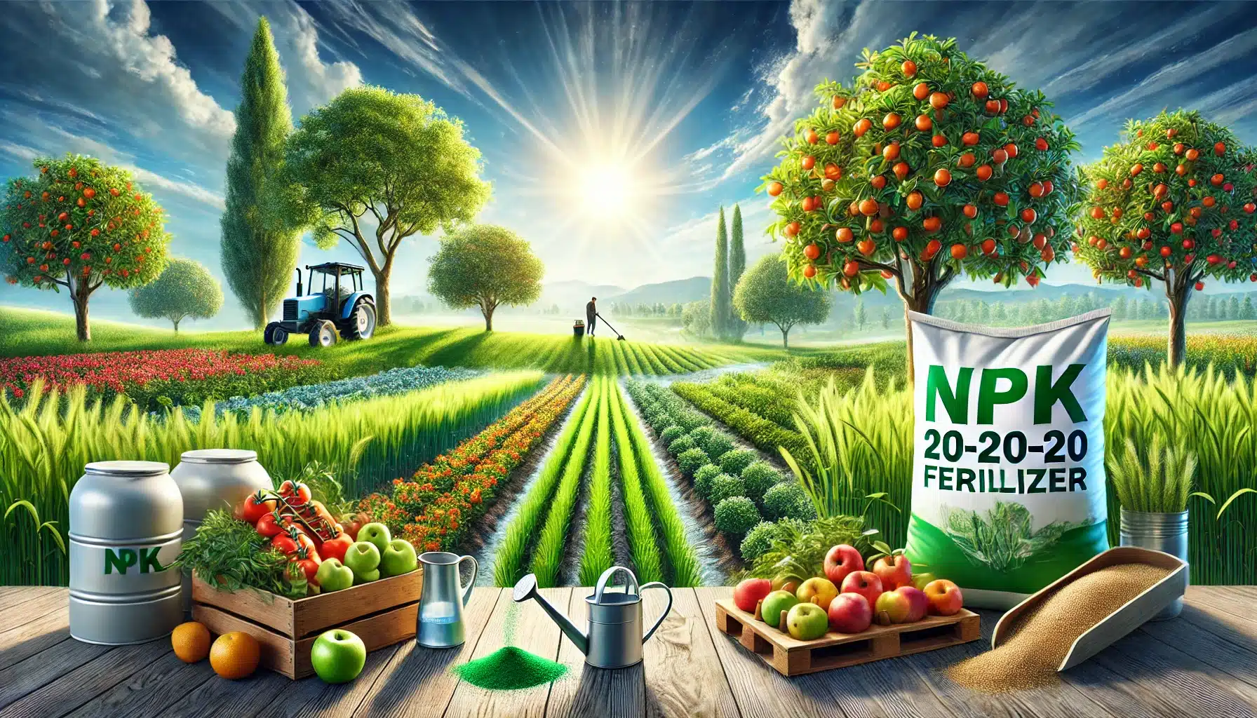 میزان مصرف کود سه بیست برای درختان 6 "نمایی از مزرعهای سرسبز با درختان میوه و محصولات زراعی، همراه با کیسه کود سه بیست (NPK 20-20-20) که بر روی زمین قرار دارد. تأکید بر تأثیر کود سه بیست بر رشد و تقویت گیاهان."