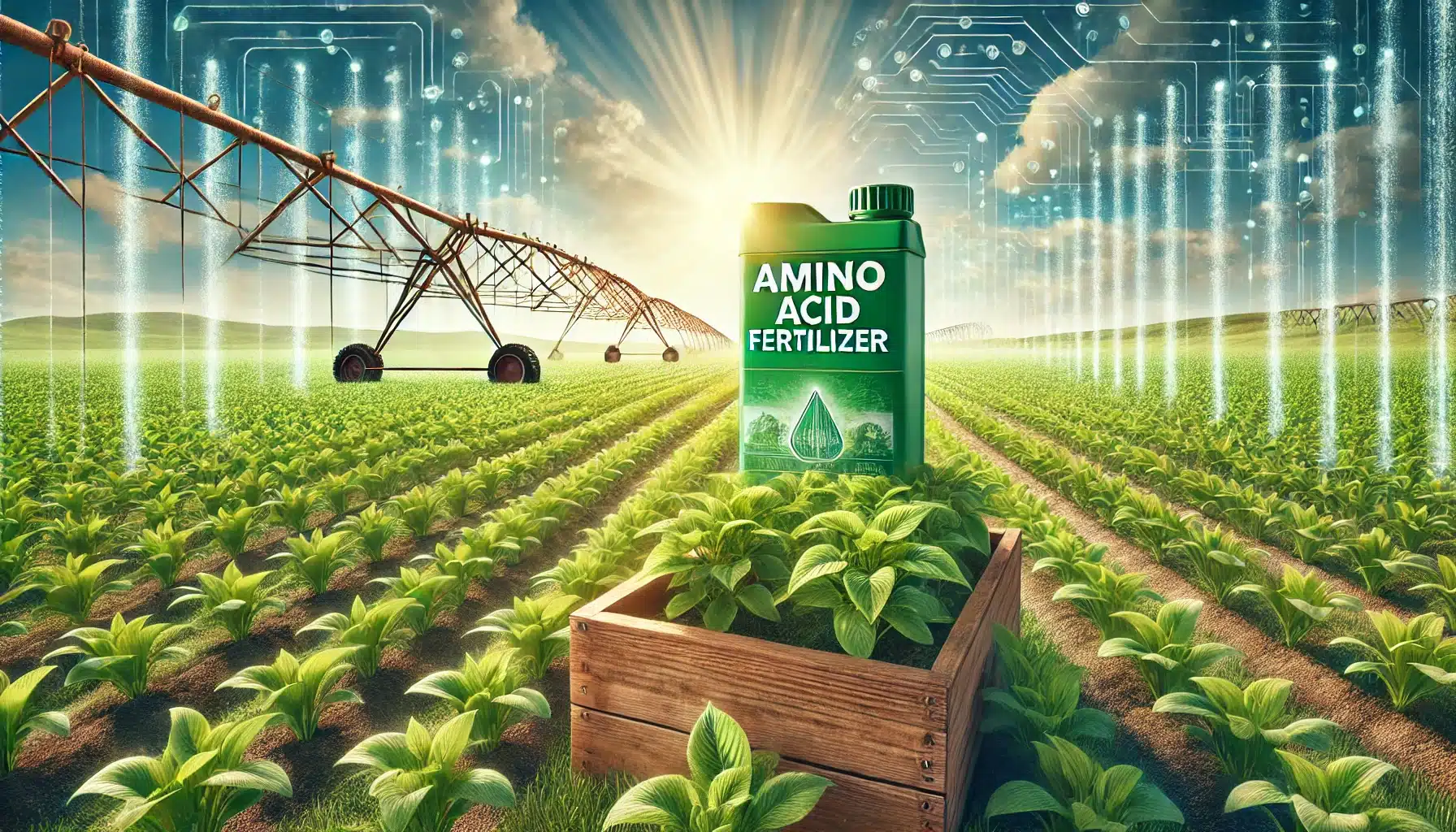چه زمانی نباید از آمینو اسید برای گیاهان استفاده کنیم؟ 2 "تصویری از یک مزرعه سرسبز کشاورزی با محصولات سالم و شاداب که در جلوی آن یک بطری کود آمینو اسید روی یک جعبه چوبی قرار گرفته است."