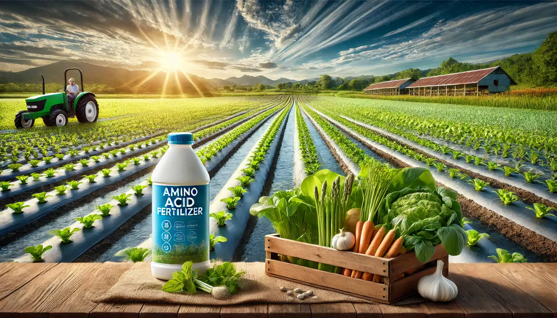 چه زمانی نباید از آمینو اسید برای گیاهان استفاده کنیم؟ 3 "تصویری از یک مزرعه سرسبز کشاورزی با محصولات سالم و شاداب که در جلوی آن یک بطری کود آمینو اسید روی یک جعبه چوبی قرار گرفته است."
