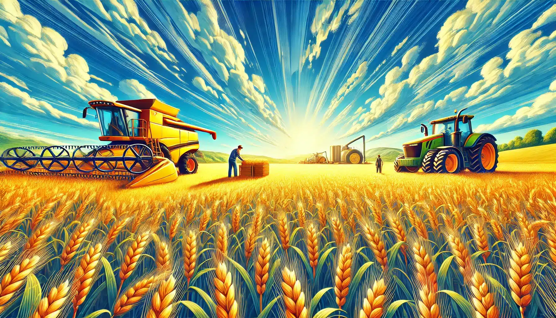 حل مشکل ورس در گندم 10 "نمایی گسترده از یک مزرعه گندم طلایی با تکنیکهای کشاورزی مدرن، تأکید بر بهرهوری و کاهش خطر ورس."