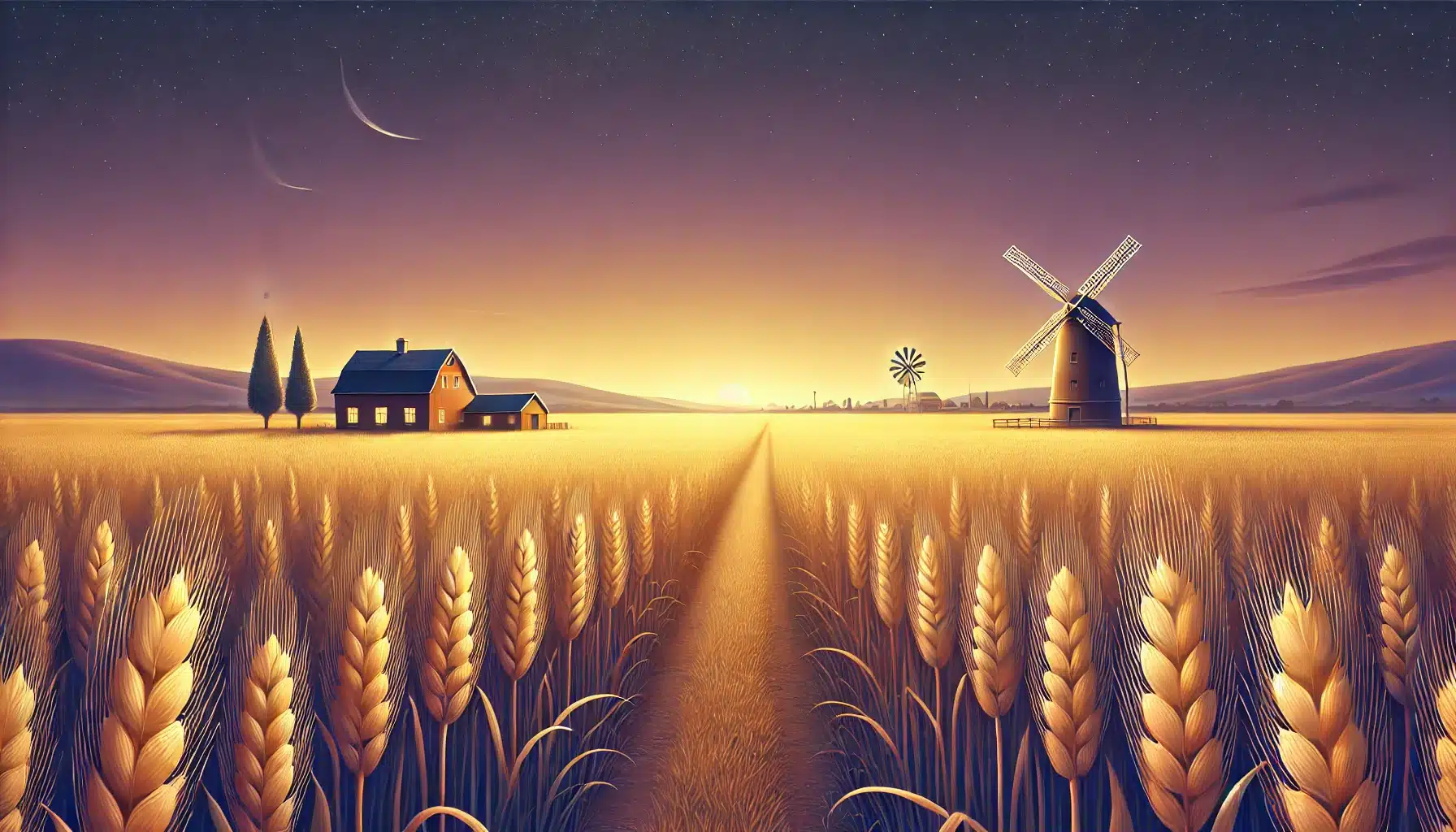 حل مشکل ورس در گندم 9 "نمایی گسترده از یک مزرعه گندم طلایی با تکنیکهای کشاورزی مدرن، تأکید بر بهرهوری و کاهش خطر ورس."