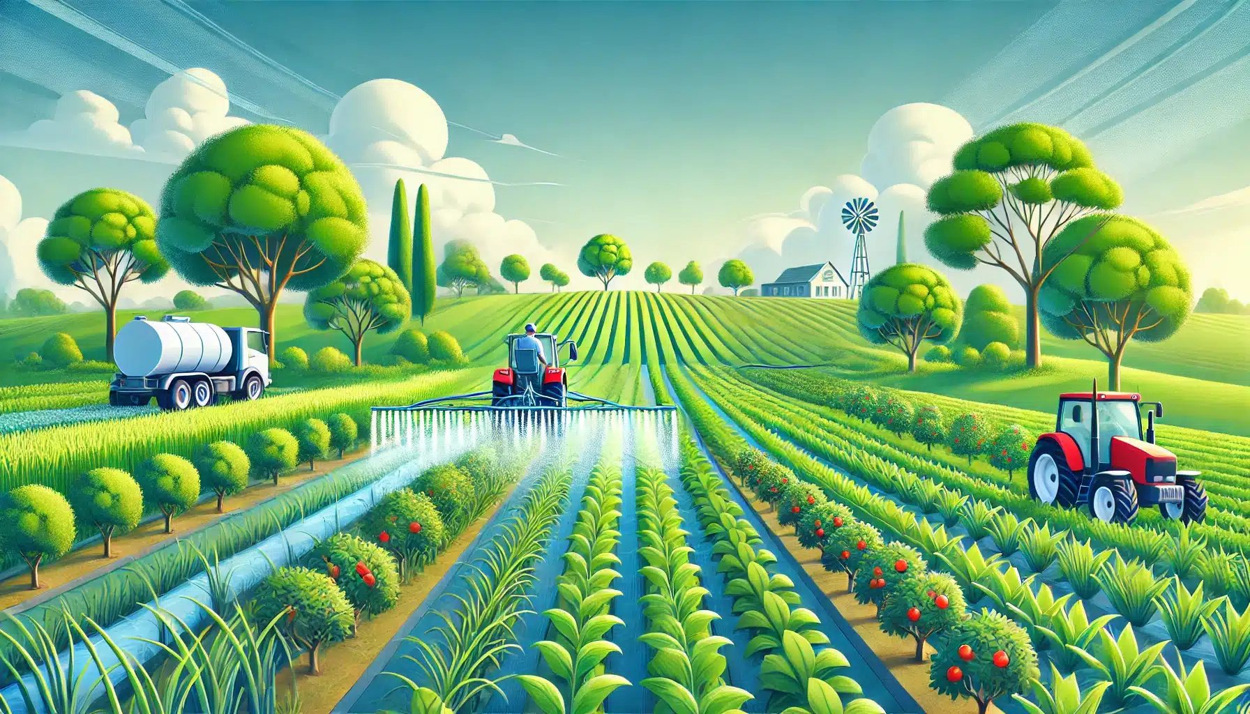 "تصویری از یک مزرعه سرسبز با کشاورزی مدرن که کشاورزی در حال استفاده از کود مایع با برچسب 'Tiller Liquid Fertilizer' است."