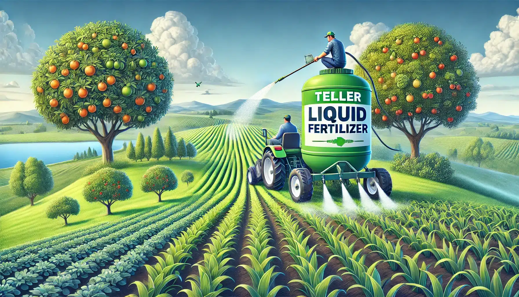 "تصویری از یک مزرعه سرسبز با کشاورزی مدرن که کشاورزی در حال استفاده از کود مایع با برچسب 'Tiller Liquid Fertilizer' است."