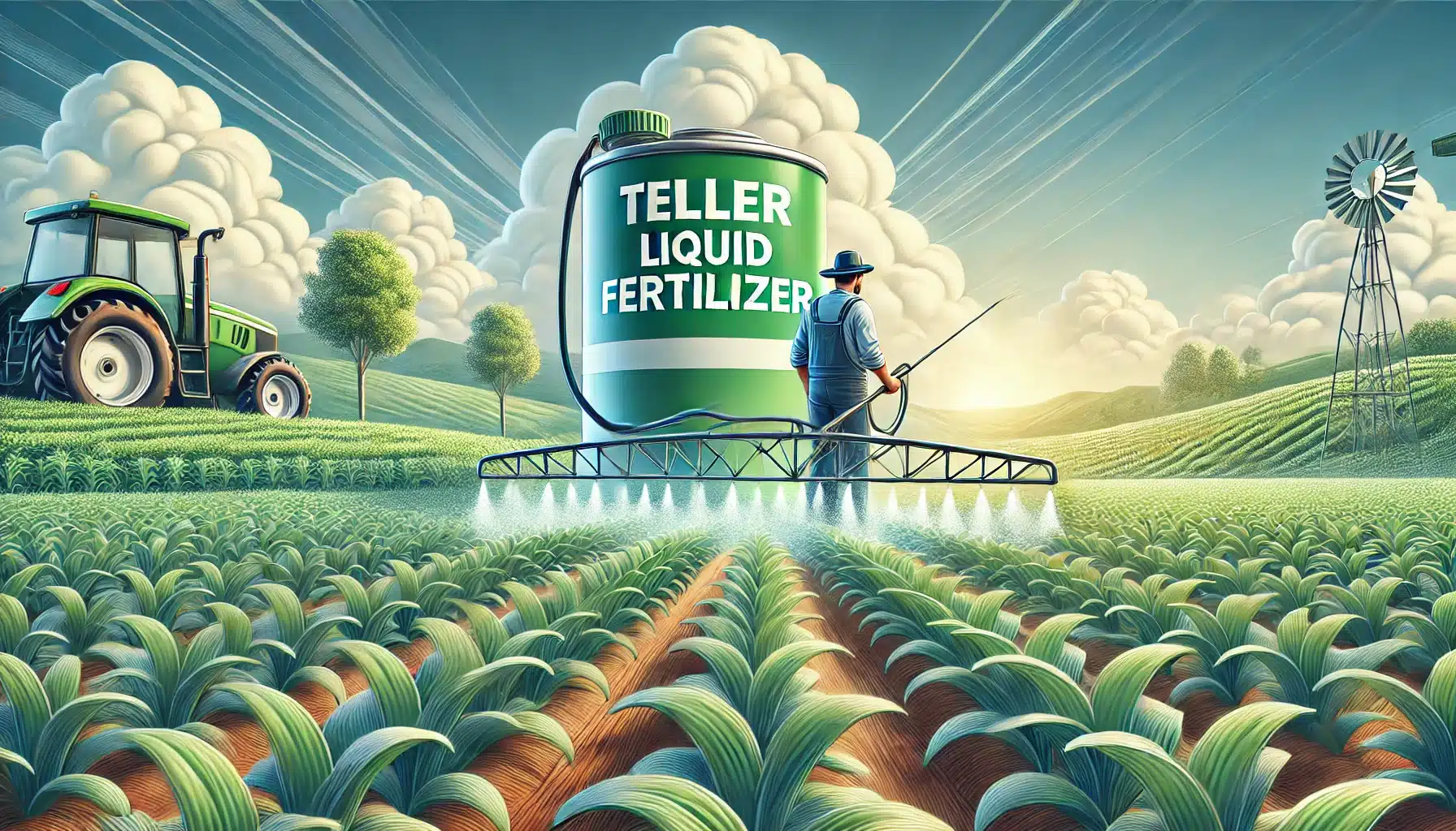 "تصویری از یک مزرعه سرسبز با کشاورزی مدرن که کشاورزی در حال استفاده از کود مایع با برچسب 'Tiller Liquid Fertilizer' است."