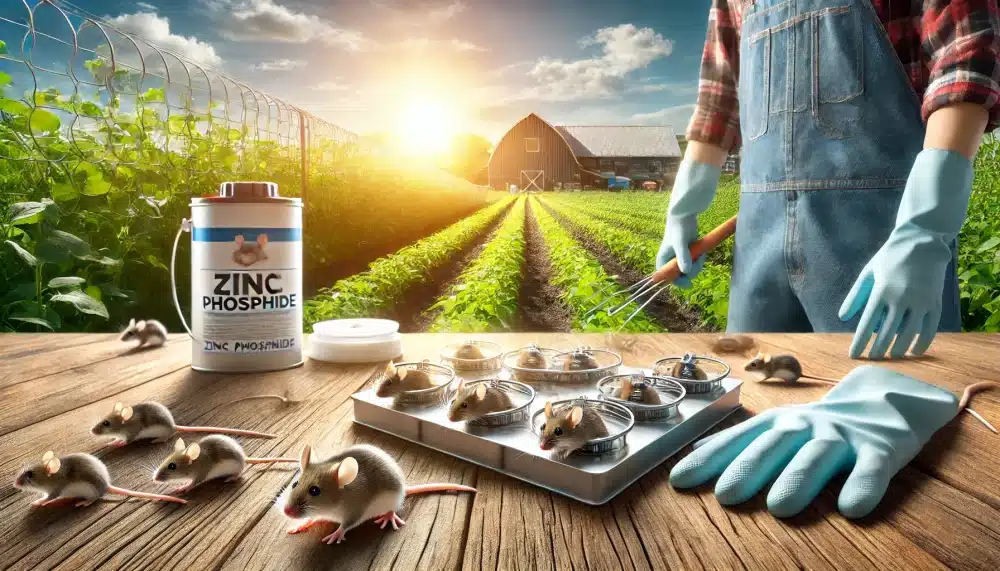 تصویری گسترده و واقعی از کنترل موش‌ها در یک محیط کشاورزی با استفاده از زینک فسفاید، شامل ایستگاه‌های طعمه‌گذاری و تجهیزات ایمنی در پس‌زمینه‌ای از مزارع سرسبز.