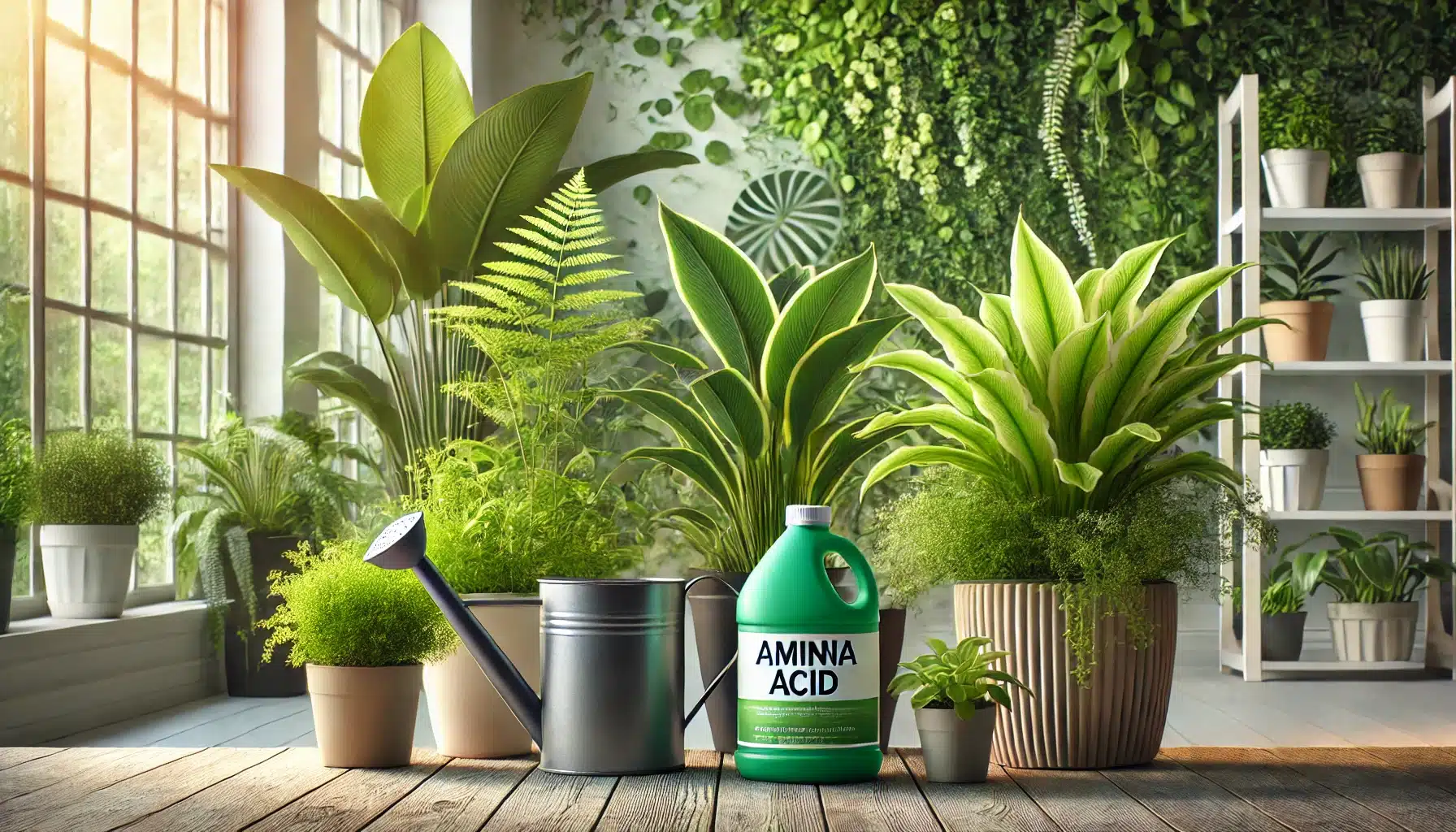 تصویری از یک فضای داخلی آرام و مدرن با گیاهان آپارتمانی سالم و شاداب که در گلدان‌های تزئینی قرار دارند. میز کوچکی با آبپاش، اسپری و کود آمینو اسید در کنار گیاهان دیده می‌شود. نور طبیعی از پنجره‌ها فضای گرم و دلپذیری ایجاد کرده است.
