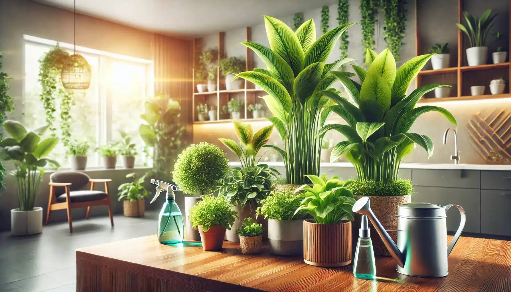 طریقه مصرف آمینو اسید برای گیاهان آپارتمانی 1 تصویری از یک فضای داخلی آرام و مدرن با گیاهان آپارتمانی سالم و شاداب که در گلدانهای تزئینی قرار دارند. میز کوچکی با آبپاش، اسپری و کود آمینو اسید در کنار گیاهان دیده میشود. نور طبیعی از پنجرهها فضای گرم و دلپذیری ایجاد کرده است.