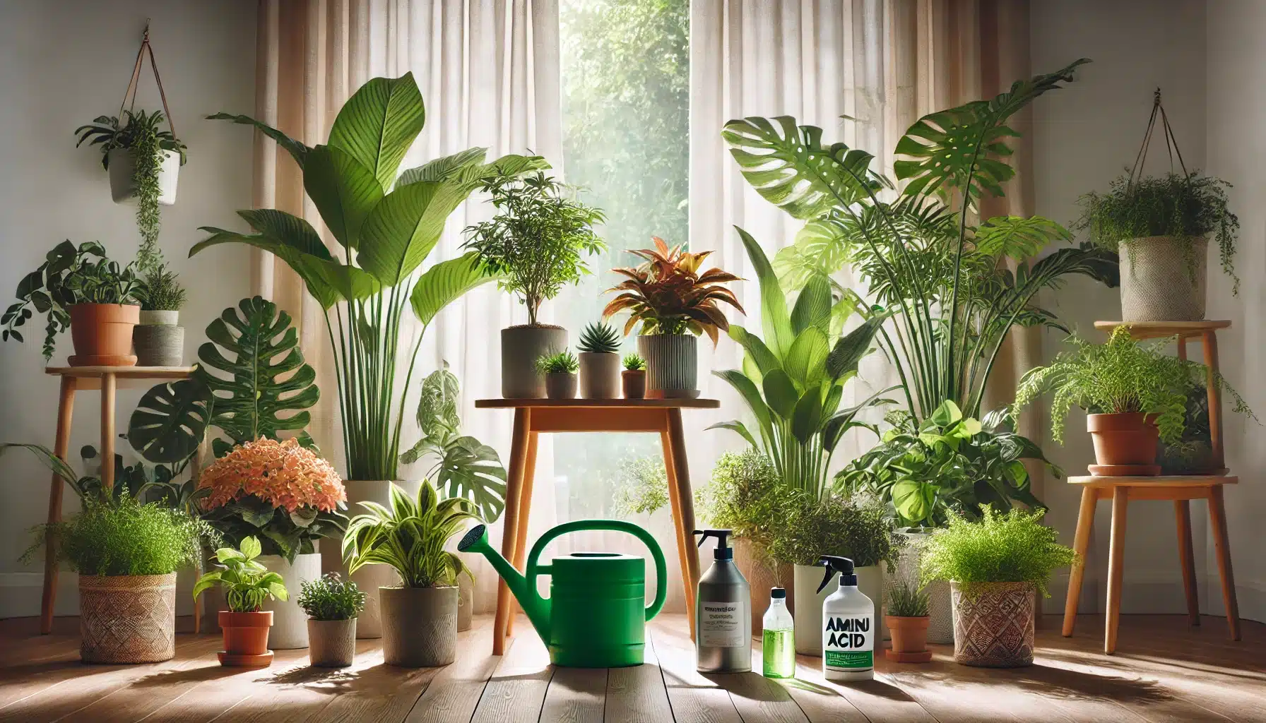 طریقه مصرف آمینو اسید برای گیاهان آپارتمانی 2 تصویری از یک فضای داخلی آرام و مدرن با گیاهان آپارتمانی سالم و شاداب که در گلدانهای تزئینی قرار دارند. میز کوچکی با آبپاش، اسپری و کود آمینو اسید در کنار گیاهان دیده میشود. نور طبیعی از پنجرهها فضای گرم و دلپذیری ایجاد کرده است.