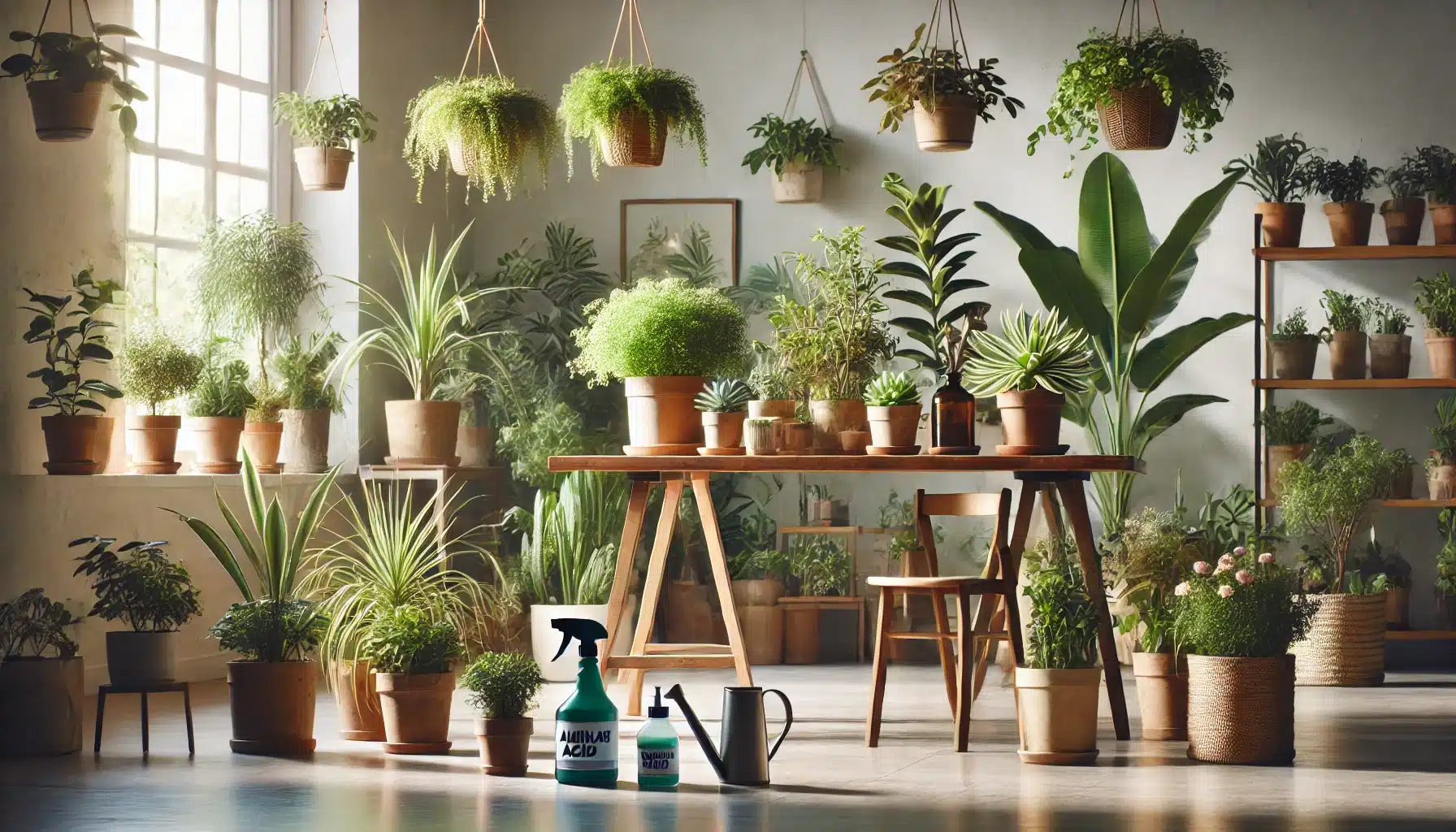 طریقه مصرف آمینو اسید برای گیاهان آپارتمانی 3 تصویری از یک فضای داخلی آرام و مدرن با گیاهان آپارتمانی سالم و شاداب که در گلدانهای تزئینی قرار دارند. میز کوچکی با آبپاش، اسپری و کود آمینو اسید در کنار گیاهان دیده میشود. نور طبیعی از پنجرهها فضای گرم و دلپذیری ایجاد کرده است.