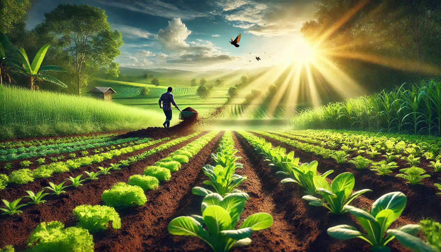 بهترین زمان مصرف کود مرغی 5 کشاورزی در حال پخش کود مرغی در مزرعهای سرسبز و حاصلخیز با محصولات سالم، نمادی از کشاورزی پایدار و ارگانیک.