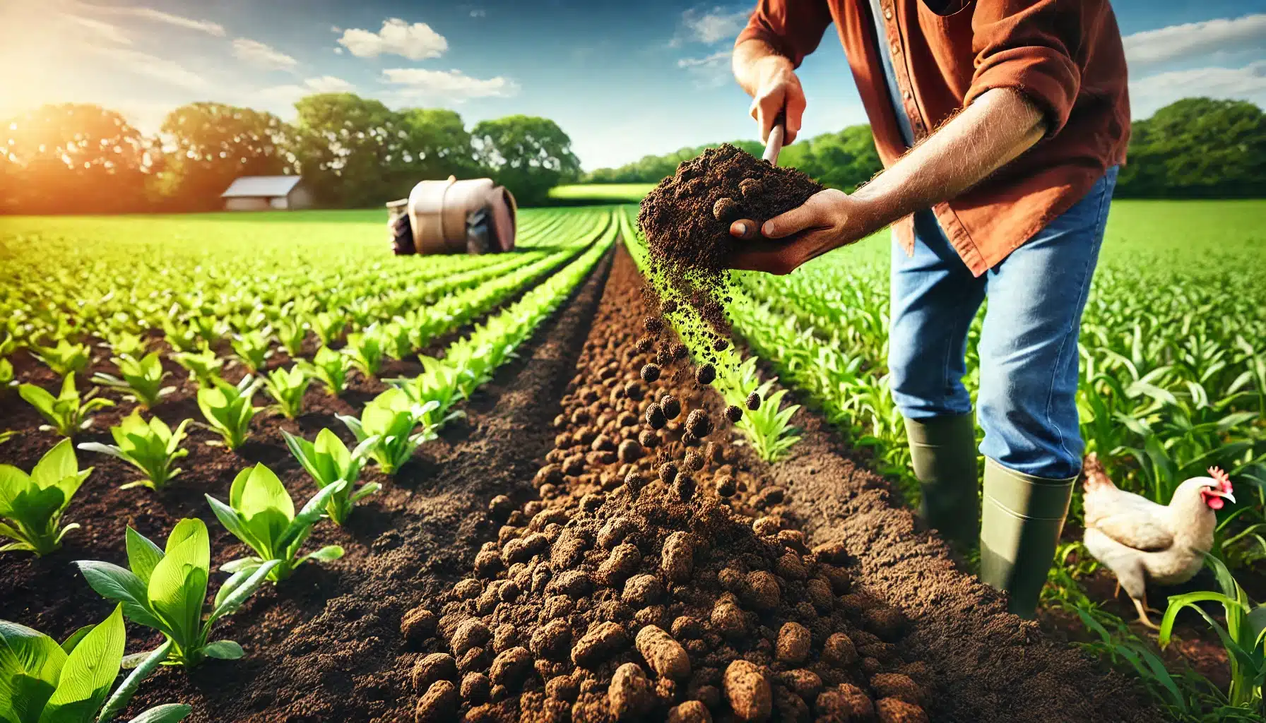 بهترین زمان مصرف کود مرغی 4 کشاورزی در حال پخش کود مرغی در مزرعهای سرسبز و حاصلخیز با محصولات سالم، نمادی از کشاورزی پایدار و ارگانیک.